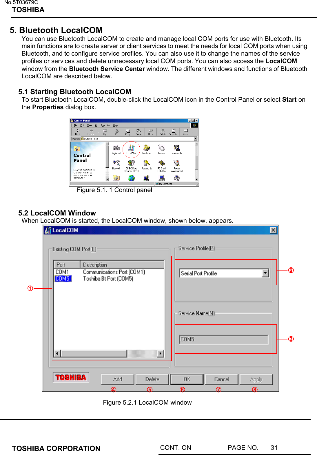   No.5T03679C TOSHIBA   TOSHIBA CORPORATION  CONT. ON                     PAGE NO.       31   5. Bluetooth LocalCOM You can use Bluetooth LocalCOM to create and manage local COM ports for use with Bluetooth. Its main functions are to create server or client services to meet the needs for local COM ports when using Bluetooth, and to configure service profiles. You can also use it to change the names of the service profiles or services and delete unnecessary local COM ports. You can also access the LocalCOM window from the Bluetooth Service Center window. The different windows and functions of Bluetooth LocalCOM are described below.  5.1 Starting Bluetooth LocalCOM To start Bluetooth LocalCOM, double-click the LocalCOM icon in the Control Panel or select Start on the Properties dialog box.                     Figure 5.1. 1 Control panel   5.2 LocalCOM Window When LocalCOM is started, the LocalCOM window, shown below, appears.                                    Figure 5.2.1 LocalCOM window  ➀➀➀➀    ➁➁➁➁    ➂➂➂➂    ➃➃➃➃     ➄➄➄➄     ➅➅➅➅     ➆➆➆➆     ➇➇➇➇    