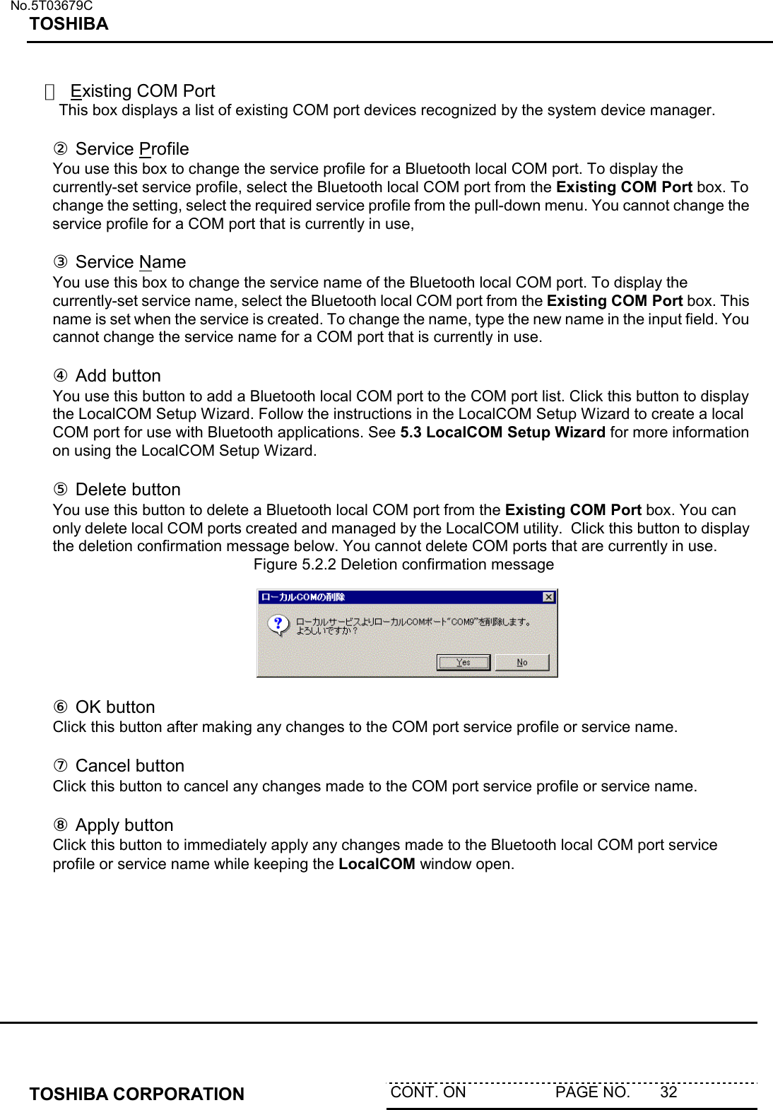   No.5T03679C TOSHIBA   TOSHIBA CORPORATION  CONT. ON                     PAGE NO.       32    ①  Existing COM Port This box displays a list of existing COM port devices recognized by the system device manager.  ② Service Profile You use this box to change the service profile for a Bluetooth local COM port. To display the currently-set service profile, select the Bluetooth local COM port from the Existing COM Port box. To change the setting, select the required service profile from the pull-down menu. You cannot change the service profile for a COM port that is currently in use,  ③ Service Name You use this box to change the service name of the Bluetooth local COM port. To display the currently-set service name, select the Bluetooth local COM port from the Existing COM Port box. This name is set when the service is created. To change the name, type the new name in the input field. You cannot change the service name for a COM port that is currently in use.  ④ Add button You use this button to add a Bluetooth local COM port to the COM port list. Click this button to display the LocalCOM Setup Wizard. Follow the instructions in the LocalCOM Setup Wizard to create a local COM port for use with Bluetooth applications. See 5.3 LocalCOM Setup Wizard for more information on using the LocalCOM Setup Wizard.  ⑤ Delete button You use this button to delete a Bluetooth local COM port from the Existing COM Port box. You can only delete local COM ports created and managed by the LocalCOM utility.  Click this button to display the deletion confirmation message below. You cannot delete COM ports that are currently in use.         Figure 5.2.2 Deletion confirmation message   ⑥ OK button Click this button after making any changes to the COM port service profile or service name.  ⑦ Cancel button Click this button to cancel any changes made to the COM port service profile or service name.   ⑧ Apply button Click this button to immediately apply any changes made to the Bluetooth local COM port service profile or service name while keeping the LocalCOM window open.    