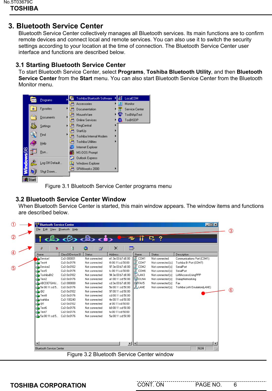   No.5T03679C TOSHIBA   TOSHIBA CORPORATION  CONT. ON                     PAGE NO.        6  ➁ ➃  3. Bluetooth Service Center Bluetooth Service Center collectively manages all Bluetooth services. Its main functions are to confirm remote devices and connect local and remote services. You can also use it to switch the security settings according to your location at the time of connection. The Bluetooth Service Center user interface and functions are described below.   3.1 Starting Bluetooth Service Center To start Bluetooth Service Center, select Programs, Toshiba Bluetooth Utility, and then Bluetooth Service Center from the Start menu. You can also start Bluetooth Service Center from the Bluetooth Monitor menu.        Figure 3.1 Bluetooth Service Center programs menu  3.2 Bluetooth Service Center Window When Bluetooth Service Center is started, this main window appears. The window items and functions are described below.    Figure 3.2 Bluetooth Service Center window ➅ ➂ ➄ ➀ 