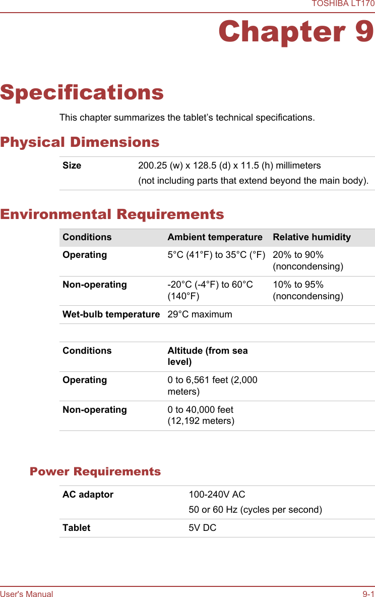 Chapter 9SpecificationsThis chapter summarizes the tablet’s technical specifications.Physical DimensionsSize 200.25 (w) x 128.5 (d) x 11.5 (h) millimeters(not including parts that extend beyond the main body).Environmental RequirementsConditions Ambient temperature Relative humidityOperating 5°C (41°F) to 35°C (°F) 20% to 90%(noncondensing)Non-operating -20°C (-4°F) to 60°C(140°F)10% to 95%(noncondensing)Wet-bulb temperature 29°C maximum     Conditions Altitude (from sealevel)Operating 0 to 6,561 feet (2,000meters)Non-operating 0 to 40,000 feet(12,192 meters)     Power RequirementsAC adaptor 100-240V AC50 or 60 Hz (cycles per second)Tablet 5V DCTOSHIBA LT170User&apos;s Manual 9-1