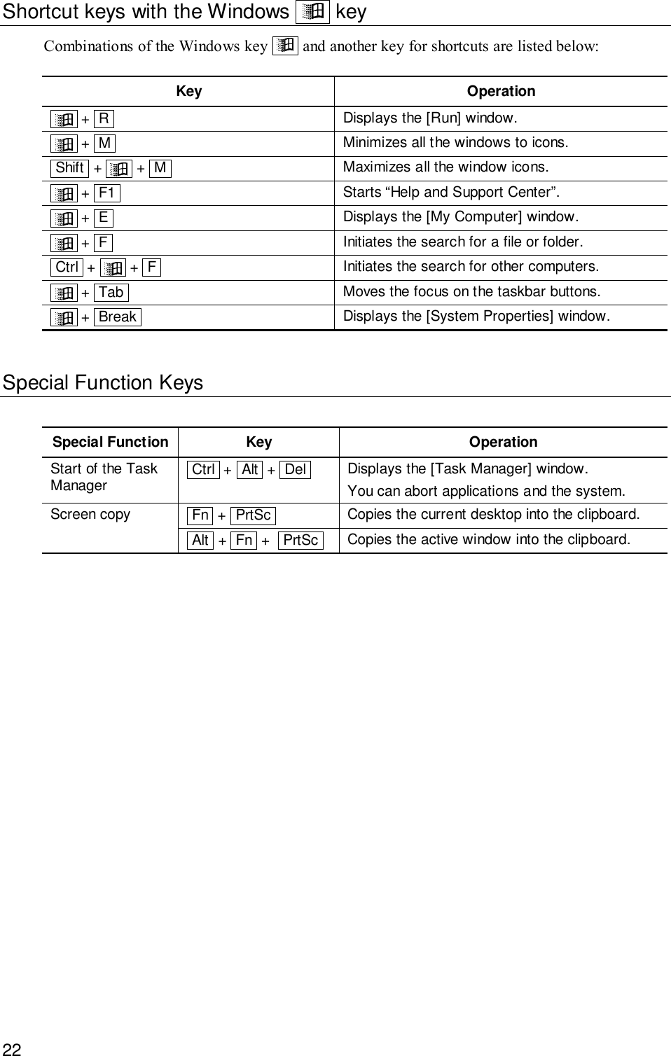 22Shortcut keys with the Windows     keyCombinations of the Windows key     and another key for shortcuts are listed below:Key Operation    +  R  1Displays the [Run] window.   +  M   1Minimizes all the windows to icons. Shift  +     +  M 1Maximizes all the window icons.    +  F1   1Starts “Help and Support Center”.    +  E   1Displays the [My Computer] window.    +  F   1Initiates the search for a file or folder. Ctrl  +     +  F 1Initiates the search for other computers.    +  Tab 1Moves the focus on the taskbar buttons.    +  Break 1Displays the [System Properties] window.Special Function KeysSpecial Function Key OperationStart of the TaskManager  Ctrl  +  Alt  +  Del  1Displays the [Task Manager] window.You can abort applications and the system. Fn  +  PrtSc   1Copies the current desktop into the clipboard.Screen copy Alt  +  Fn  +   PrtSc 1Copies the active window into the clipboard.