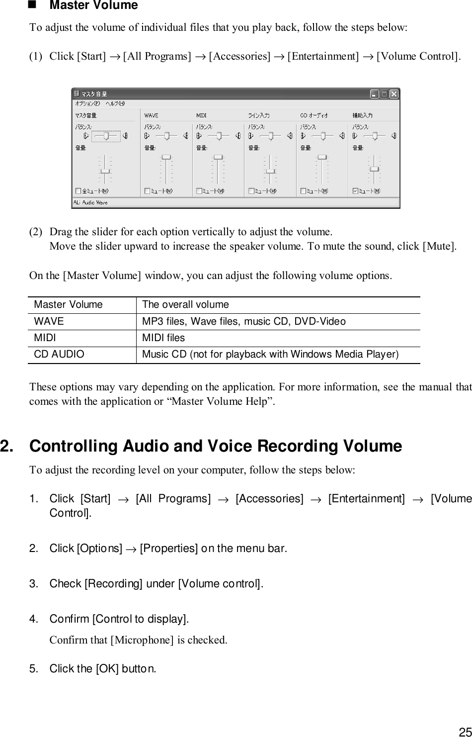 25! Master VolumeTo adjust the volume of individual files that you play back, follow the steps below:(1) Click [Start] → [All Programs] → [Accessories] → [Entertainment] → [Volume Control].(2) Drag the slider for each option vertically to adjust the volume.Move the slider upward to increase the speaker volume. To mute the sound, click [Mute].On the [Master Volume] window, you can adjust the following volume options.Master Volume The overall volumeWAVE MP3 files, Wave files, music CD, DVD-VideoMIDI MIDI filesCD AUDIO Music CD (not for playback with Windows Media Player)These options may vary depending on the application. For more information, see the manual thatcomes with the application or “Master Volume Help”.2. Controlling Audio and Voice Recording VolumeTo adjust the recording level on your computer, follow the steps below:1. Click [Start] → [All Programs] → [Accessories] → [Entertainment] → [VolumeControl].2. Click [Options] → [Properties] on the menu bar.3. Check [Recording] under [Volume control].4. Confirm [Control to display].Confirm that [Microphone] is checked.5. Click the [OK] button.