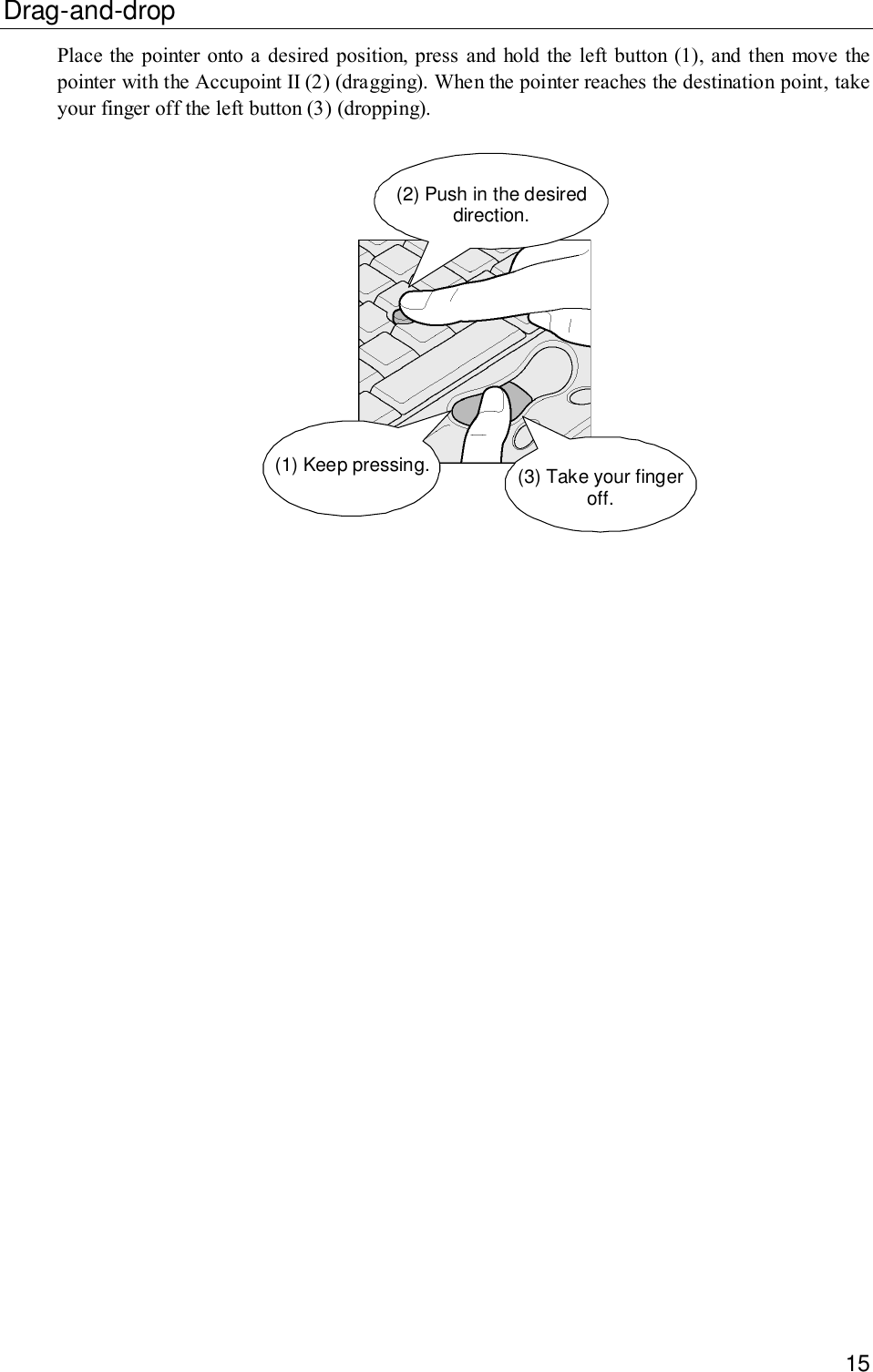 15Drag-and-dropPlace the pointer onto a desired position, press and hold the left button (1), and then move thepointer with the Accupoint II (2) (dragging). When the pointer reaches the destination point, takeyour finger off the left button (3) (dropping).(2) Push in the desireddirection.(3) Take your fingeroff.(1) Keep pressing.