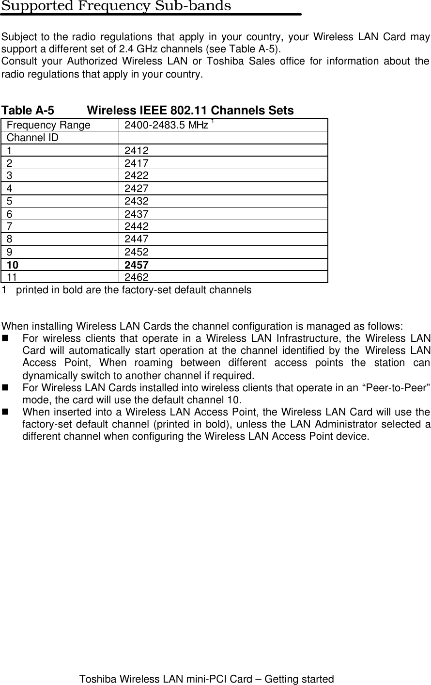 Toshiba Wireless LAN mini-PCI Card – Getting startedSupported Frequency Sub-bandsSubject to the radio regulations that apply in your country, your Wireless LAN Card maysupport a different set of 2.4 GHz channels (see Table A-5).Consult your Authorized Wireless LAN or Toshiba Sales office for information about theradio regulations that apply in your country.Table A-5 Wireless IEEE 802.11 Channels SetsFrequency Range 2400-2483.5 MHz 1Channel ID1 24122 24173 24224 24275 24326 24377 24428 24479 245210 245711 24621   printed in bold are the factory-set default channelsWhen installing Wireless LAN Cards the channel configuration is managed as follows:n For wireless clients that operate in a Wireless LAN Infrastructure, the Wireless LANCard will automatically start operation at the channel identified by the Wireless LANAccess Point, When roaming between different access points the station candynamically switch to another channel if required.n For Wireless LAN Cards installed into wireless clients that operate in an “Peer-to-Peer”mode, the card will use the default channel 10.n When inserted into a Wireless LAN Access Point, the Wireless LAN Card will use thefactory-set default channel (printed in bold), unless the LAN Administrator selected adifferent channel when configuring the Wireless LAN Access Point device.