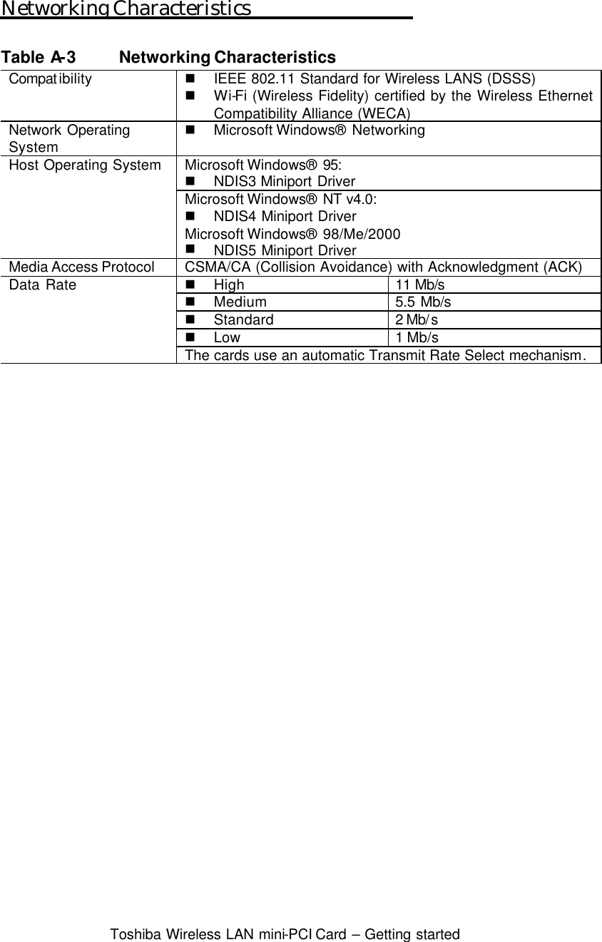  Toshiba Wireless LAN mini-PCI Card – Getting started  Networking Characteristics  Table A-3 Networking Characteristics Compatibility n IEEE 802.11 Standard for Wireless LANS (DSSS) n Wi-Fi (Wireless Fidelity) certified by the Wireless Ethernet Compatibility Alliance (WECA) Network Operating System n Microsoft Windows® Networking Microsoft Windows® 95: n NDIS3 Miniport Driver Microsoft Windows® NT v4.0: n NDIS4 Miniport Driver Host Operating System Microsoft Windows® 98/Me/2000 n NDIS5 Miniport Driver Media Access Protocol CSMA/CA (Collision Avoidance) with Acknowledgment (ACK) n High 11 Mb/s n Medium 5.5 Mb/s n Standard 2 Mb/s n Low 1 Mb/s Data Rate The cards use an automatic Transmit Rate Select mechanism.    