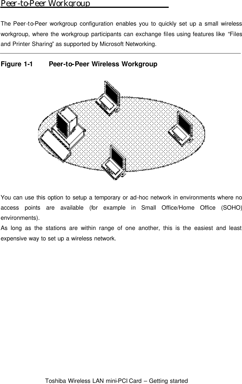  Toshiba Wireless LAN mini-PCI Card – Getting started  Peer-to-Peer Workgroup  The Peer-to-Peer workgroup configuration enables you to quickly set up a small wireless workgroup, where the workgroup participants can exchange files using features like “Files and Printer Sharing” as supported by Microsoft Networking.  Figure 1-1 Peer-to-Peer Wireless Workgroup    You can use this option to setup a temporary or ad-hoc network in environments where no access points are available (for example in Small Office/Home Office (SOHO) environments). As long as the stations are within range of one another, this is the easiest and least expensive way to set up a wireless network.    