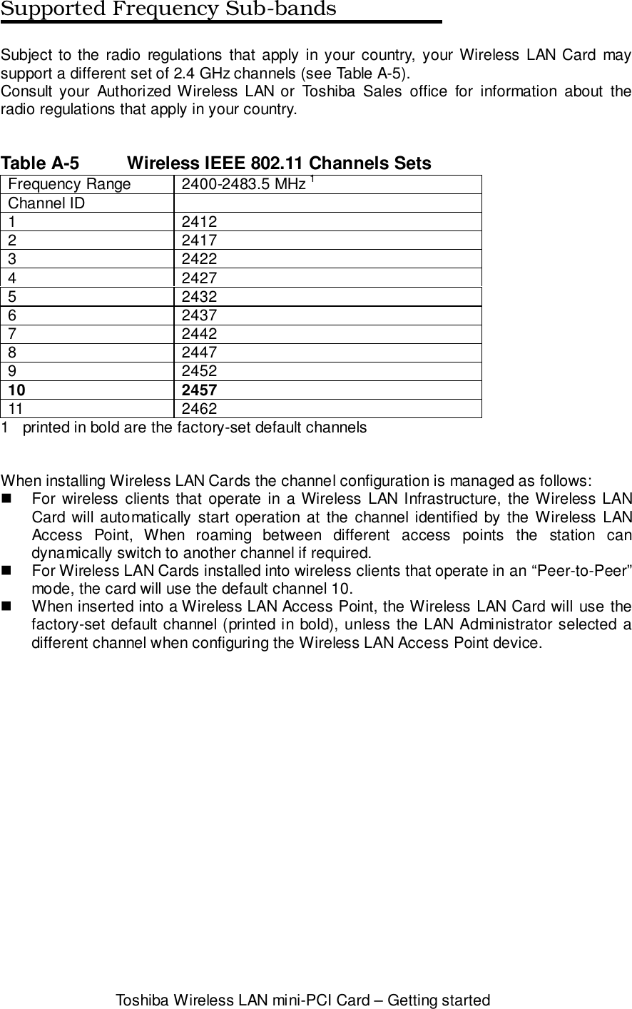 Toshiba Wireless LAN mini-PCI Card – Getting startedSupported Frequency Sub-bandsSubject to the radio regulations that apply in your country, your Wireless LAN Card maysupport a different set of 2.4 GHz channels (see Table A-5).Consult your Authorized Wireless LAN or Toshiba Sales office for information about theradio regulations that apply in your country.Table A-5 Wireless IEEE 802.11 Channels SetsFrequency Range 2400-2483.5 MHz 1Channel ID1 24122 24173 24224 24275 24326 24377 24428 24479 245210 245711 24621   printed in bold are the factory-set default channelsWhen installing Wireless LAN Cards the channel configuration is managed as follows:!  For wireless clients that operate in a Wireless LAN Infrastructure, the Wireless LANCard will automatically start operation at the channel identified by the Wireless LANAccess Point, When roaming between different access points the station candynamically switch to another channel if required.!  For Wireless LAN Cards installed into wireless clients that operate in an “Peer-to-Peer”mode, the card will use the default channel 10.!  When inserted into a Wireless LAN Access Point, the Wireless LAN Card will use thefactory-set default channel (printed in bold), unless the LAN Administrator selected adifferent channel when configuring the Wireless LAN Access Point device.