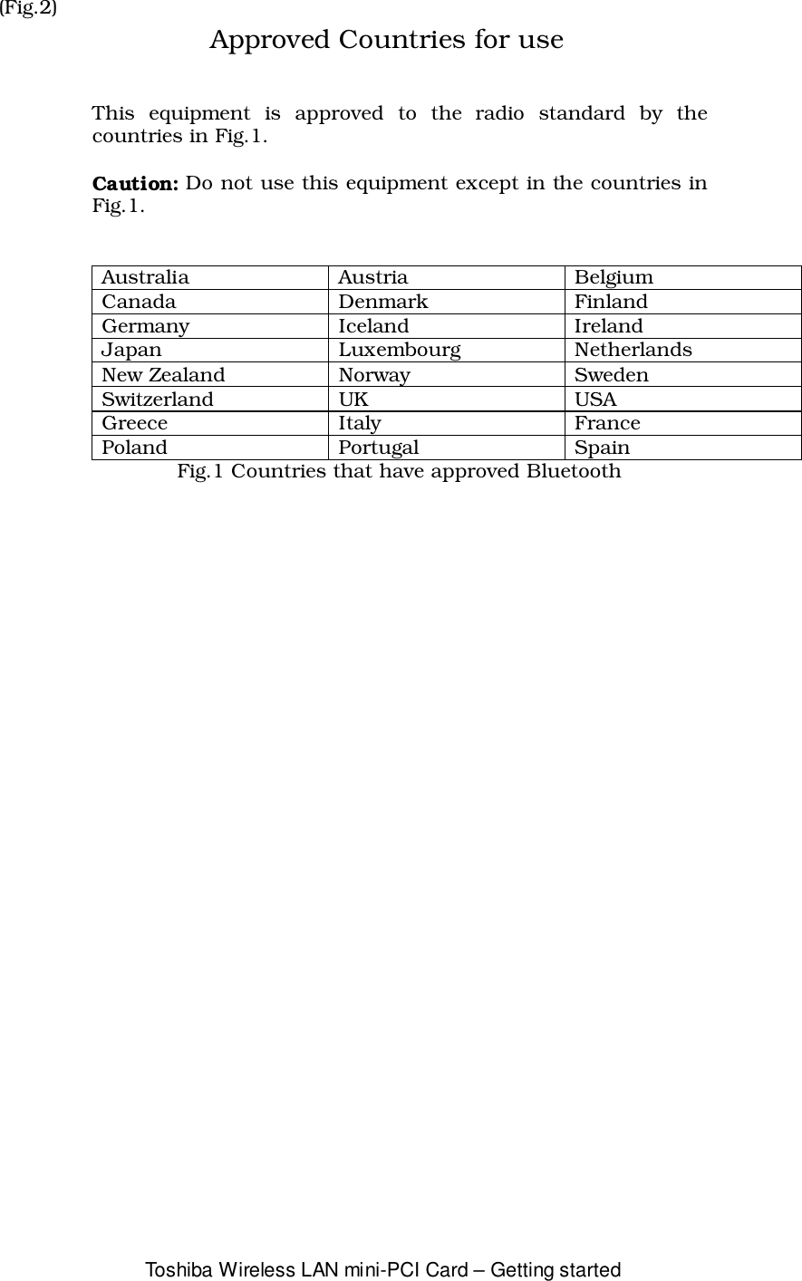 Toshiba Wireless LAN mini-PCI Card – Getting started(Fig.2)Approved Countries for useThis equipment is approved to the radio standard by thecountries in Fig.1.Caution: Do not use this equipment except in the countries inFig.1.Australia Austria BelgiumCanada Denmark FinlandGermany Iceland IrelandJapan Luxembourg NetherlandsNew Zealand Norway SwedenSwitzerland UK USAGreece Italy FrancePoland Portugal SpainFig.1 Countries that have approved Bluetooth