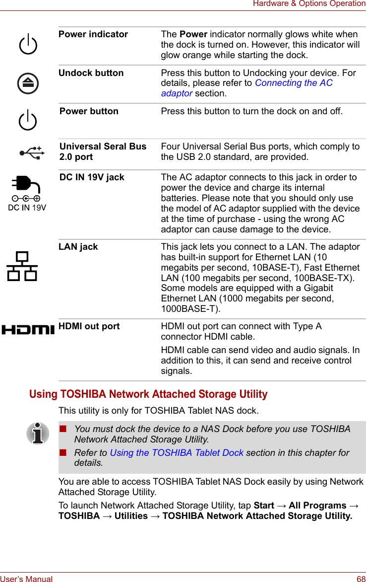 User’s Manual 68Hardware &amp; Options OperationUsing TOSHIBA Network Attached Storage UtilityThis utility is only for TOSHIBA Tablet NAS dock.You are able to access TOSHIBA Tablet NAS Dock easily by using Network Attached Storage Utility.To launch Network Attached Storage Utility, tap Start → All Programs → TOSHIBA → Utilities → TOSHIBA Network Attached Storage Utility.Power indicator The Power indicator normally glows white when the dock is turned on. However, this indicator will glow orange while starting the dock.Undock button Press this button to Undocking your device. For details, please refer to Connecting the AC adaptor section.Power button Press this button to turn the dock on and off.Universal Seral Bus 2.0 portFour Universal Serial Bus ports, which comply to the USB 2.0 standard, are provided.DC IN 19V jack The AC adaptor connects to this jack in order to power the device and charge its internal batteries. Please note that you should only use the model of AC adaptor supplied with the device at the time of purchase - using the wrong AC adaptor can cause damage to the device.LAN jack This jack lets you connect to a LAN. The adaptor has built-in support for Ethernet LAN (10 megabits per second, 10BASE-T), Fast Ethernet LAN (100 megabits per second, 100BASE-TX). Some models are equipped with a Gigabit Ethernet LAN (1000 megabits per second, 1000BASE-T).HDMI out port HDMI out port can connect with Type A connector HDMI cable.HDMI cable can send video and audio signals. In addition to this, it can send and receive control signals.■You must dock the device to a NAS Dock before you use TOSHIBA Network Attached Storage Utility.■Refer to Using the TOSHIBA Tablet Dock section in this chapter for details.