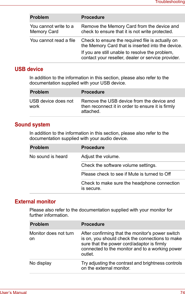 User’s Manual 74TroubleshootingUSB deviceIn addition to the information in this section, please also refer to the documentation supplied with your USB device.Sound systemIn addition to the information in this section, please also refer to the documentation supplied with your audio device.External monitorPlease also refer to the documentation supplied with your monitor for further information.You cannot write to a Memory CardRemove the Memory Card from the device and check to ensure that it is not write protected.You cannot read a file Check to ensure the required file is actually on the Memory Card that is inserted into the device.If you are still unable to resolve the problem, contact your reseller, dealer or service provider.Problem ProcedureProblem ProcedureUSB device does not workRemove the USB device from the device and then reconnect it in order to ensure it is firmly attached.Problem ProcedureNo sound is heard Adjust the volume.Check the software volume settings.Please check to see if Mute is turned to OffCheck to make sure the headphone connection is secure.Problem ProcedureMonitor does not turn on After confirming that the monitor&apos;s power switch is on, you should check the connections to make sure that the power cord/adaptor is firmly connected to the monitor and to a working power outlet.No display Try adjusting the contrast and brightness controls on the external monitor.