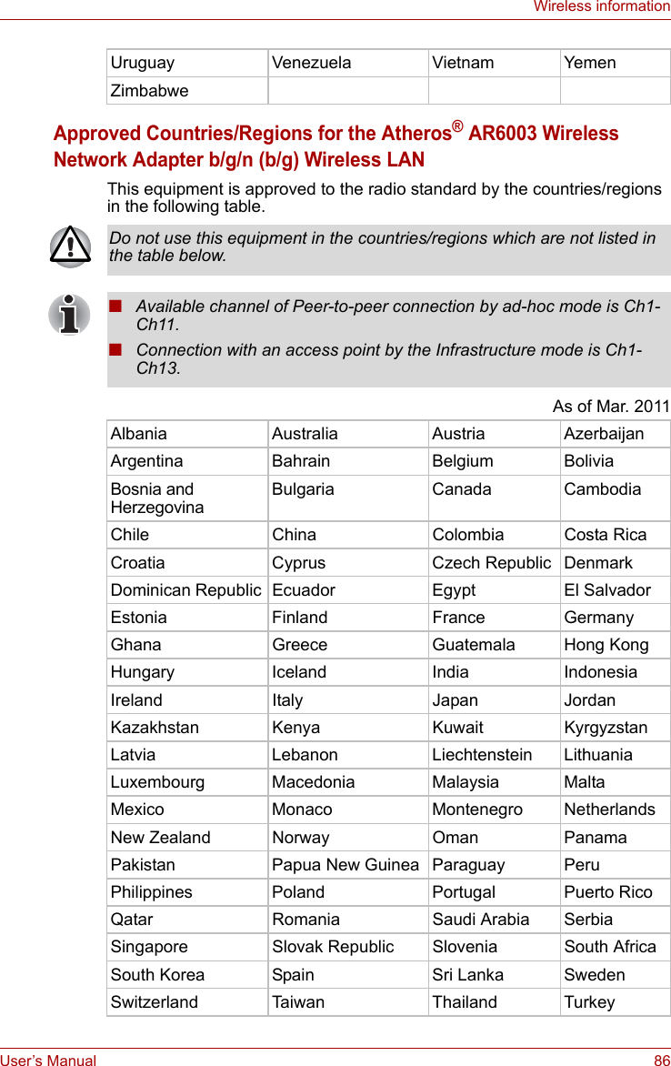 User’s Manual 86Wireless informationApproved Countries/Regions for the Atheros® AR6003 Wireless Network Adapter b/g/n (b/g) Wireless LANThis equipment is approved to the radio standard by the countries/regions in the following table.As of Mar. 2011Uruguay Venezuela Vietnam YemenZimbabweDo not use this equipment in the countries/regions which are not listed in the table below.■Available channel of Peer-to-peer connection by ad-hoc mode is Ch1- Ch11.■Connection with an access point by the Infrastructure mode is Ch1- Ch13.Albania   Australia Austria AzerbaijanArgentina Bahrain Belgium BoliviaBosnia and HerzegovinaBulgaria Canada CambodiaChile China Colombia Costa RicaCroatia Cyprus Czech Republic DenmarkDominican Republic Ecuador Egypt El SalvadorEstonia Finland France GermanyGhana Greece Guatemala Hong KongHungary Iceland India IndonesiaIreland Italy Japan JordanKazakhstan Kenya Kuwait KyrgyzstanLatvia Lebanon Liechtenstein LithuaniaLuxembourg Macedonia Malaysia MaltaMexico Monaco Montenegro NetherlandsNew Zealand Norway Oman PanamaPakistan Papua New Guinea Paraguay PeruPhilippines Poland Portugal Puerto RicoQatar Romania Saudi Arabia SerbiaSingapore Slovak Republic Slovenia South AfricaSouth Korea Spain Sri Lanka SwedenSwitzerland Taiwan Thailand Turkey