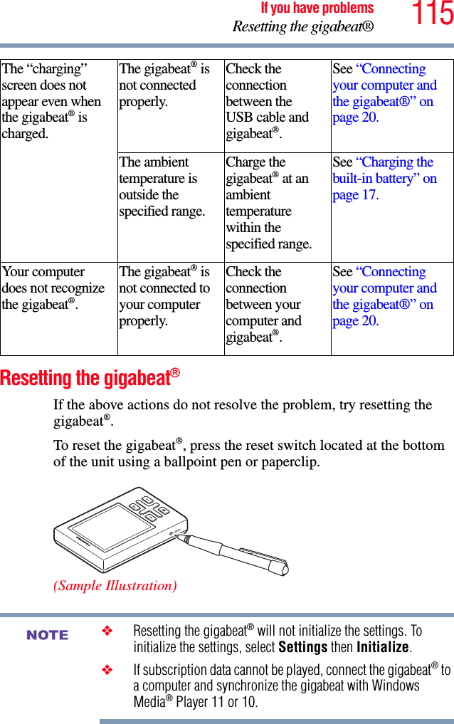 115If you have problemsResetting the gigabeat®Resetting the gigabeat®If the above actions do not resolve the problem, try resetting the gigabeat®.To reset the gigabeat®, press the reset switch located at the bottom of the unit using a ballpoint pen or paperclip.(Sample Illustration)❖Resetting the gigabeat® will not initialize the settings. To initialize the settings, select Settings then Initialize.❖If subscription data cannot be played, connect the gigabeat® to a computer and synchronize the gigabeat with Windows Media® Player 11 or 10.The “charging” screen does not appear even when the gigabeat® is charged.The gigabeat® is not connected properly. Check the connectionbetween the USB cable and gigabeat®.See “Connecting your computer and the gigabeat®” on page 20.The ambient temperature is outside the specified range.Charge the gigabeat® at an ambienttemperaturewithin the specified range.See “Charging the built-in battery” on page 17.Your computer does not recognize the gigabeat®.The gigabeat® is not connected to your computer properly.Check the connectionbetween your computer and gigabeat®.See “Connecting your computer and the gigabeat®” on page 20.NOTE