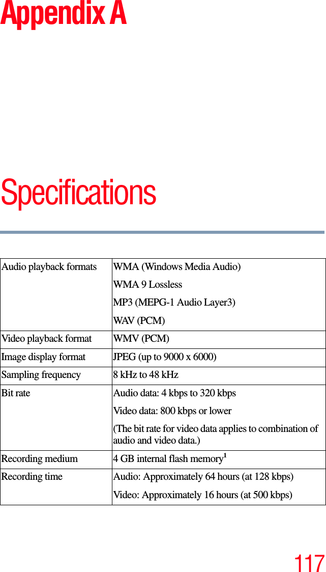 117Appendix ASpecificationsAudio playback formats WMA (Windows Media Audio)WMA 9 LosslessMP3 (MEPG-1 Audio Layer3)WAV ( P C M )  Video playback format WMV (PCM)Image display format JPEG (up to 9000 x 6000)Sampling frequency 8 kHz to 48 kHz Bit rate Audio data: 4 kbps to 320 kbps Video data: 800 kbps or lower(The bit rate for video data applies to combination of audio and video data.)Recording medium 4 GB internal flash memory1Recording time Audio: Approximately 64 hours (at 128 kbps)Video: Approximately 16 hours (at 500 kbps)