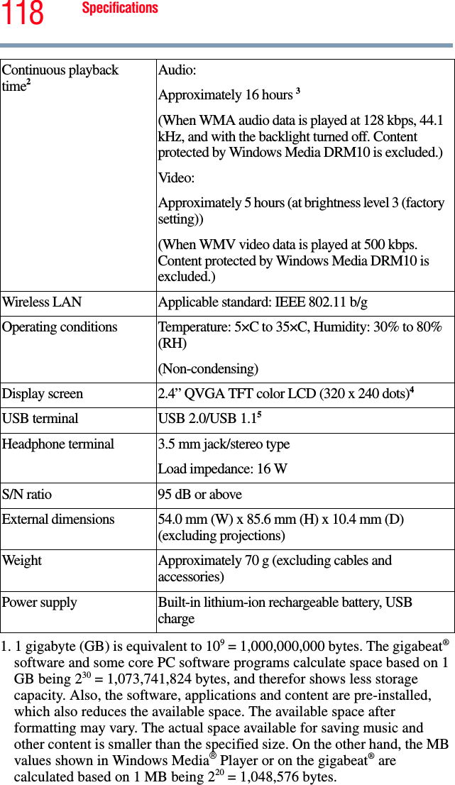 118 Specifications1. 1 gigabyte (GB) is equivalent to 109 = 1,000,000,000 bytes. The gigabeat®software and some core PC software programs calculate space based on 1 GB being 230 = 1,073,741,824 bytes, and therefor shows less storage capacity. Also, the software, applications and content are pre-installed, which also reduces the available space. The available space after formatting may vary. The actual space available for saving music and other content is smaller than the specified size. On the other hand, the MB values shown in Windows Media® Player or on the gigabeat® are calculated based on 1 MB being 220 = 1,048,576 bytes. Continuous playback time2Audio: Approximately 16 hours 3(When WMA audio data is played at 128 kbps, 44.1 kHz, and with the backlight turned off. Content protected by Windows Media DRM10 is excluded.) Video: Approximately 5 hours (at brightness level 3 (factory setting))(When WMV video data is played at 500 kbps. Content protected by Windows Media DRM10 is excluded.)Wireless LAN Applicable standard: IEEE 802.11 b/gOperating conditions Temperature: 5×C to 35×C, Humidity: 30% to 80% (RH) (Non-condensing)Display screen 2.4” QVGA TFT color LCD (320 x 240 dots)4USB terminal USB 2.0/USB 1.15Headphone terminal 3.5 mm jack/stereo type Load impedance: 16 WS/N ratio 95 dB or aboveExternal dimensions 54.0 mm (W) x 85.6 mm (H) x 10.4 mm (D) (excluding projections)Weight Approximately 70 g (excluding cables and accessories) Power supply Built-in lithium-ion rechargeable battery, USB charge