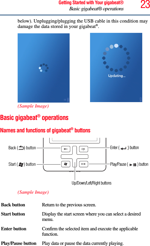 23Getting Started with Your gigabeat®Basic gigabeat® operationsbelow). Unplugging/plugging the USB cable in this condition may damage the data stored in your gigabeat®.(Sample Image)Basic gigabeat® operationsNames and functions of gigabeat® buttons (Sample Image)Back button  Return to the previous screen. Start button  Display the start screen where you can select a desired menu. Enter button  Confirm the selected item and execute the applicable function. Play/Pause button  Play data or pause the data currently playing. Start (      ) buttonEnter (          ) buttonPlay/Pause (           ) buttonBack (      ) buttonUp/Down/Left/Right buttons