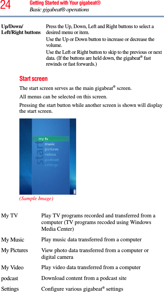 24 Getting Started with Your gigabeat®Basic gigabeat® operationsStart screenThe start screen serves as the main gigabeat® screen. All menus can be selected on this screen. Pressing the start button while another screen is shown will display the start screen. (Sample Image)Up/Down/Left/Right buttons Press the Up, Down, Left and Right buttons to select a desired menu or item. Use the Up or Down button to increase or decrease the volume. Use the Left or Right button to skip to the previous or next data. (If the buttons are held down, the gigabeat® fast rewinds or fast forwards.) My TV Play TV programs recorded and transferred from a computer (TV programs recoded using Windows Media Center)My Music Play music data transferred from a computerMy Pictures View photo data transferred from a computer or digital cameraMy Video Play video data transferred from a computerpodcast Download content from a podcast siteSettings Configure various gigabeat® settings