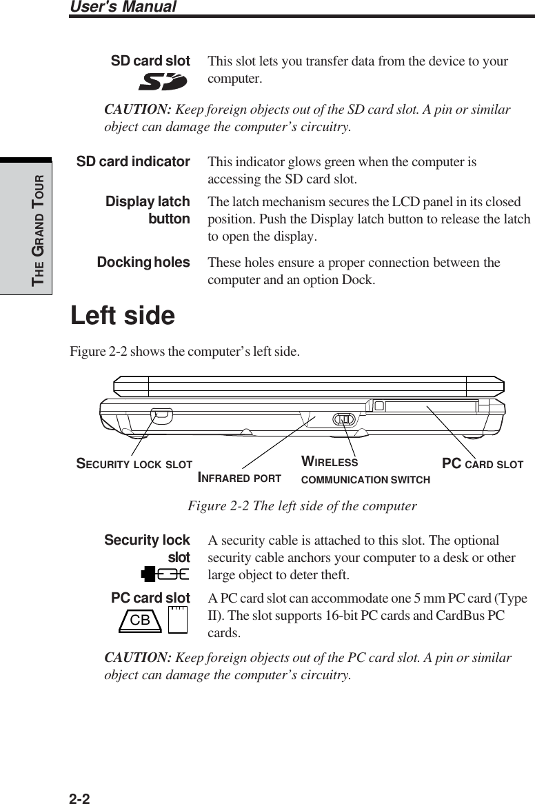 User&apos;s Manual2-2THE GRAND TOURSD card slot This slot lets you transfer data from the device to yourcomputer.CAUTION: Keep foreign objects out of the SD card slot. A pin or similarobject can damage the computer’s circuitry.SD card indicator This indicator glows green when the computer isaccessing the SD card slot.Display latch The latch mechanism secures the LCD panel in its closedbutton position. Push the Display latch button to release the latchto open the display.Docking holes These holes ensure a proper connection between thecomputer and an option Dock.Left sideFigure 2-2 shows the computer’s left side.Figure 2-2 The left side of the computerSecurity lock A security cable is attached to this slot. The optionalslot security cable anchors your computer to a desk or otherlarge object to deter theft.PC card slot A PC card slot can accommodate one 5 mm PC card (TypeII). The slot supports 16-bit PC cards and CardBus PCcards.CAUTION: Keep foreign objects out of the PC card slot. A pin or similarobject can damage the computer’s circuitry.CBPC CARD SLOTWIRELESSCOMMUNICATION SWITCHSECURITY LOCK SLOT INFRARED PORT