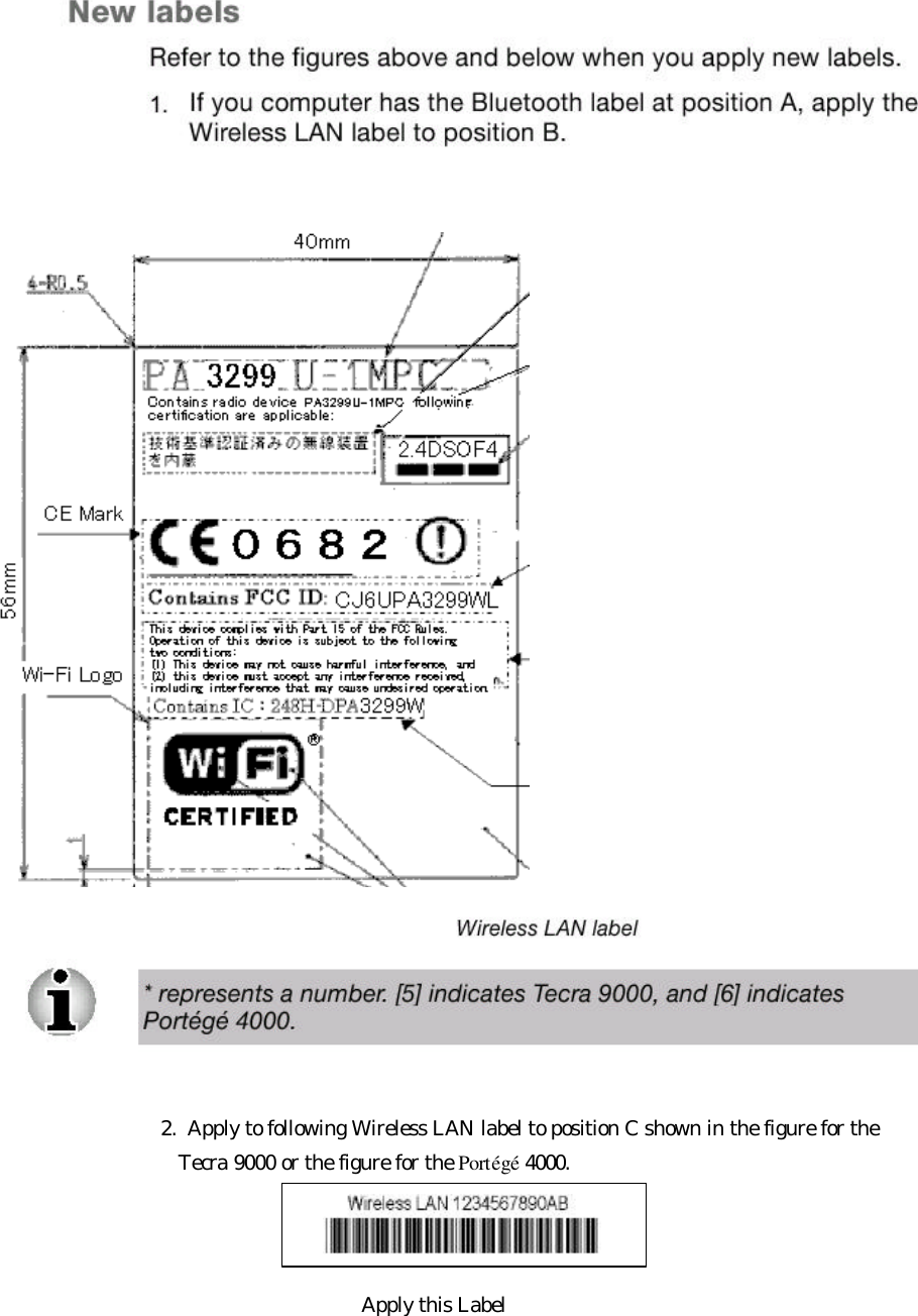    2.  Apply to following Wireless LAN label to position C shown in the figure for the     Tecra 9000 or the figure for the Portégé 4000.          Apply this Label 