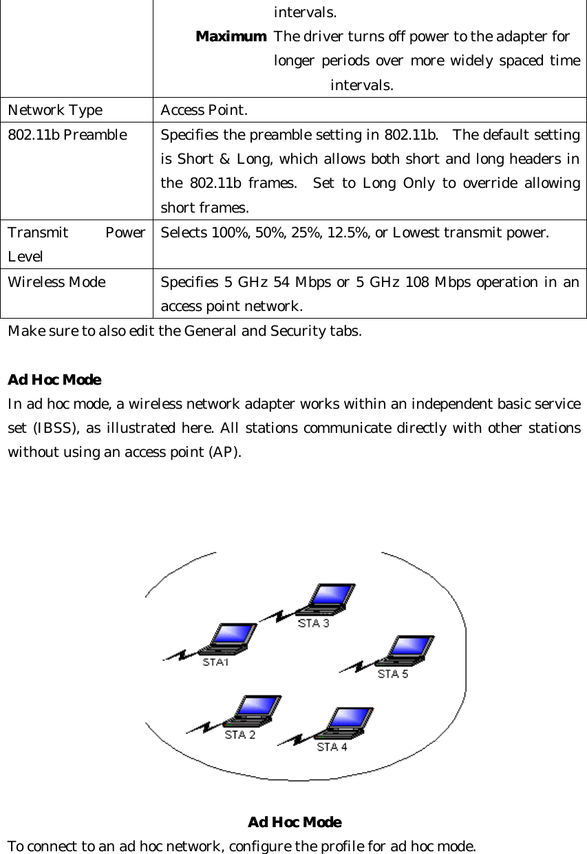   intervals.   MaximumMaximum  The driver turns off power to the adapter for    longer periods over more widely spaced time    intervals. Network Type Access Point. 802.11b Preamble Specifies the preamble setting in 802.11b.  The default setting is Short &amp; Long, which allows both short and long headers in the 802.11b frames.  Set to Long Only to override allowing short frames. Transmit Power Level Selects 100%, 50%, 25%, 12.5%, or Lowest transmit power. Wireless Mode Specifies 5 GHz 54 Mbps or 5 GHz 108 Mbps operation in an access point network. Make sure to also edit the General and Security tabs.    Ad Hoc ModeAd Hoc Mode  In ad hoc mode, a wireless network adapter works within an independent basic service set (IBSS), as illustrated here. All stations communicate directly with other stations without using an access point (AP).    Ad Hoc ModeAd Hoc Mode  To connect to an ad hoc network, configure the profile for ad hoc mode.    