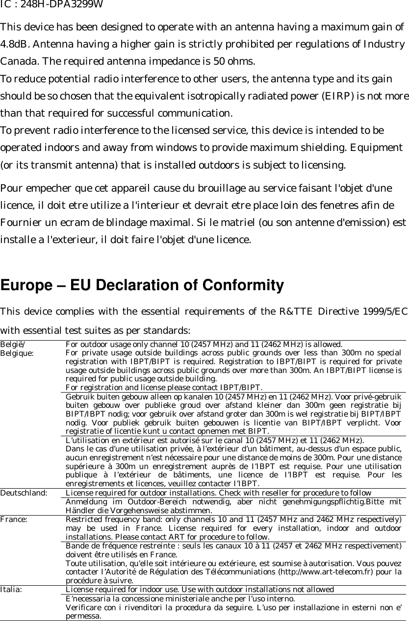 IC : 248H-DPA3299W  This device has been designed to operate with an antenna having a maximum gain of 4.8dB. Antenna having a higher gain is strictly prohibited per regulations of Industry Canada. The required antenna impedance is 50 ohms.   To reduce potential radio interference to other users, the antenna type and its gain should be so chosen that the equivalent isotropically radiated power (EIRP) is not more than that required for successful communication. To prevent radio interference to the licensed service, this device is intended to be operated indoors and away from windows to provide maximum shielding. Equipment (or its transmit antenna) that is installed outdoors is subject to licensing.   Pour empecher que cet appareil cause du brouillage au service faisant l&apos;objet d&apos;une licence, il doit etre utilize a l&apos;interieur et devrait etre place loin des fenetres afin de Fournier un ecram de blindage maximal. Si le matriel (ou son antenne d&apos;emission) est installe a l&apos;exterieur, il doit faire l&apos;objet d&apos;une licence.   Europe – EU Declaration of Conformity   This device complies with the essential requirements of the R&amp;TTE Directive 1999/5/EC with essential test suites as per standards: For outdoor usage only channel 10 (2457 MHz) and 11 (2462 MHz) is allowed. For private usage outside buildings across public grounds over less than 300m no special registration with IBPT/BIPT is required. Registration to IBPT/BIPT is required for private usage outside buildings across public grounds over more than 300m. An IBPT/BIPT license is required for public usage outside building. For registration and license please contact IBPT/BIPT. Gebruik buiten gebouw alleen op kanalen 10 (2457 MHz) en 11 (2462 MHz). Voor privé-gebruik buiten gebouw over publieke groud over afstand kleiner dan 300m geen registratie bij BIPT/IBPT nodig; voor gebruik over afstand groter dan 300m is wel registratie bij BIPT/IBPT nodig. Voor publiek gebruik buiten gebouwen is licentie van BIPT/IBPT verplicht. Voor registratie of licentie kunt u contact opnemen met BIPT. België/ Belgique: L’utilisation en extérieur est autorisé sur le canal 10 (2457 MHz) et 11 (2462 MHz). Dans le cas d’une utilisation privée, à l’extérieur d’un bâtiment, au-dessus d’un espace public, aucun enregistrement n’est nécessaire pour une distance de moins de 300m. Pour une distance supérieure à 300m un enregistrement auprès de I’IBPT est requise. Pour une utilisation publique à I’extérieur de bâtiments, une licence de I’IBPT est requise. Pour les enregistrements et licences, veuillez contacter I’IBPT. License required for outdoor installations. Check with reseller for procedure to follow Deutschland: Anmeldung im Outdoor-Bereich notwendig, aber nicht genehmigungspflichtig.Bitte mit Händler die Vorgehensweise abstimmen. Restricted frequency band: only channels 10 and 11 (2457 MHz and 2462 MHz respectively) may be used in France. License required for every installation, indoor and outdoor installations. Please contact ART for procedure to follow. France: Bande de fréquence restreinte : seuls les canaux 10 à 11 (2457 et 2462 MHz respectivement) doivent être utilisés en France. Toute utilisation, qu’elle soit intérieure ou extérieure, est soumise à autorisation. Vous pouvez contacter I’Autorité de Régulation des Télécommuniations (http://www.art-telecom.fr) pour la procédure à suivre. License required for indoor use. Use with outdoor installations not allowed Italia: E’necessaria la concessione ministeriale anche per l’uso interno. Verificare con i rivenditori la procedura da seguire. L’uso per installazione in esterni non e’ permessa. 