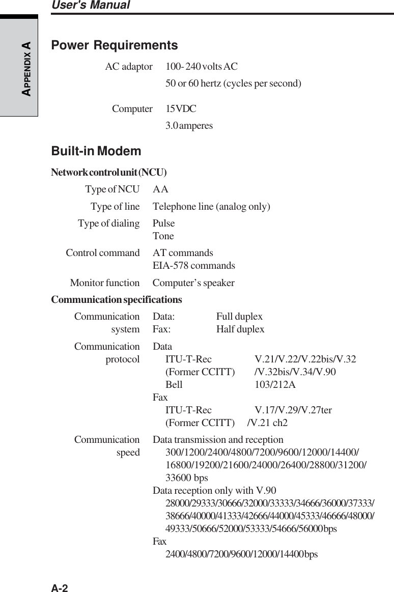 A-2APPENDIX AUser&apos;s ManualPower RequirementsAC  adaptor 100- 240 volts AC50 or 60 hertz (cycles per second)Computer 15 VDC3.0 amperesBuilt-in ModemNetwork control unit (NCU)Type of NCU AAType of line Telephone line (analog only)Type of dialing PulseToneControl command AT commandsEIA-578 commandsMonitor function Computer’s speakerCommunication specificationsCommunication Data: Full duplex system Fax: Half duplexCommunication Data protocol ITU-T-Rec V.21/V.22/V.22bis/V.32(Former CCITT) /V.32bis/V.34/V.90Bell 103/212AFaxITU-T-Rec V.17/V.29/V.27ter(Former CCITT)     /V.21 ch2Communication Data transmission and reception speed 300/1200/2400/4800/7200/9600/12000/14400/16800/19200/21600/24000/26400/28800/31200/33600 bpsData reception only with V.9028000/29333/30666/32000/33333/34666/36000/37333/38666/40000/41333/42666/44000/45333/46666/48000/49333/50666/52000/53333/54666/56000 bpsFax2400/4800/7200/9600/12000/14400 bps