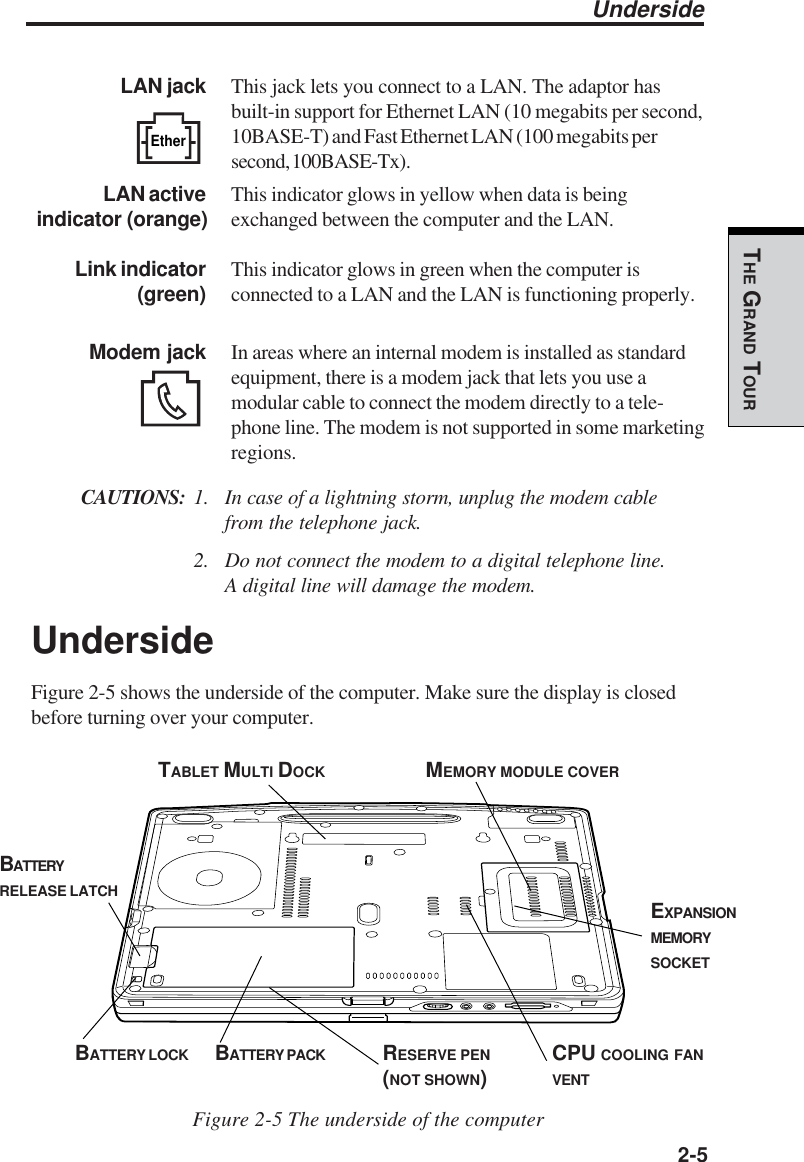   2-5THE GRAND TOURUndersideLAN jack This jack lets you connect to a LAN. The adaptor hasbuilt-in support for Ethernet LAN (10 megabits per second,10BASE-T) and Fast Ethernet LAN (100 megabits persecond, 100BASE-Tx).LAN active This indicator glows in yellow when data is being indicator (orange) exchanged between the computer and the LAN.Link indicator This indicator glows in green when the computer is                  (green) connected to a LAN and the LAN is functioning properly.Modem jack In areas where an internal modem is installed as standardequipment, there is a modem jack that lets you use amodular cable to connect the modem directly to a tele-phone line. The modem is not supported in some marketingregions.CAUTIONS: 1. In case of a lightning storm, unplug the modem cablefrom the telephone jack.2. Do not connect the modem to a digital telephone line.A digital line will damage the modem.UndersideFigure 2-5 shows the underside of the computer. Make sure the display is closedbefore turning over your computer.Figure 2-5 The underside of the computerEtherBATTERY PACKMEMORY MODULE COVERBATTERY LOCKBATTERYRELEASE LATCHRESERVE PEN(NOT SHOWN)TABLET MULTI DOCKEXPANSIONMEMORYSOCKETCPU COOLING FANVENT