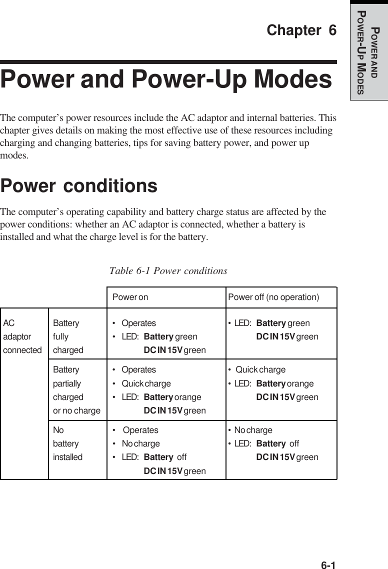   6-1POWER ANDPOWER-UP MODESChapter 6Power and Power-Up ModesThe computer’s power resources include the AC adaptor and internal batteries. Thischapter gives details on making the most effective use of these resources includingcharging and changing batteries, tips for saving battery power, and power upmodes.Power conditionsThe computer’s operating capability and battery charge status are affected by thepower conditions: whether an AC adaptor is connected, whether a battery isinstalled and what the charge level is for the battery.Table 6-1 Power conditionsPower on Power off (no operation)AC Battery • Operates • LED: Battery greenadaptor fully • LED: Battery green DC IN 15V greenconnected charged DC IN 15V greenBattery • Operates •  Quick chargepartially • Quick charge • LED: Battery orangecharged • LED: Battery orange DC IN 15V greenor no charge DC IN 15V greenNo •  Operates • No chargebattery • No charge • LED: Battery offinstalled • LED: Battery off DC IN 15V greenDC IN 15V green