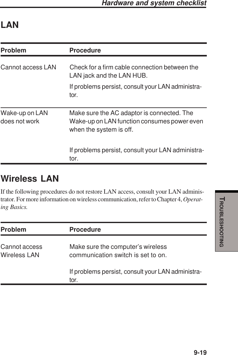   9-19TROUBLESHOOTINGHardware and system checklistLANProblem ProcedureCannot access LAN Check for a firm cable connection between theLAN jack and the LAN HUB.If problems persist, consult your LAN administra-tor.Wake-up on LAN Make sure the AC adaptor is connected. Thedoes not work Wake-up on LAN function consumes power evenwhen the system is off.If problems persist, consult your LAN administra-tor.Wireless LANIf the following procedures do not restore LAN access, consult your LAN adminis-trator. For more information on wireless communication, refer to Chapter 4, Operat-ing Basics.Problem ProcedureCannot access Make sure the computer’s wirelessWireless LAN communication switch is set to on.If problems persist, consult your LAN administra-tor.