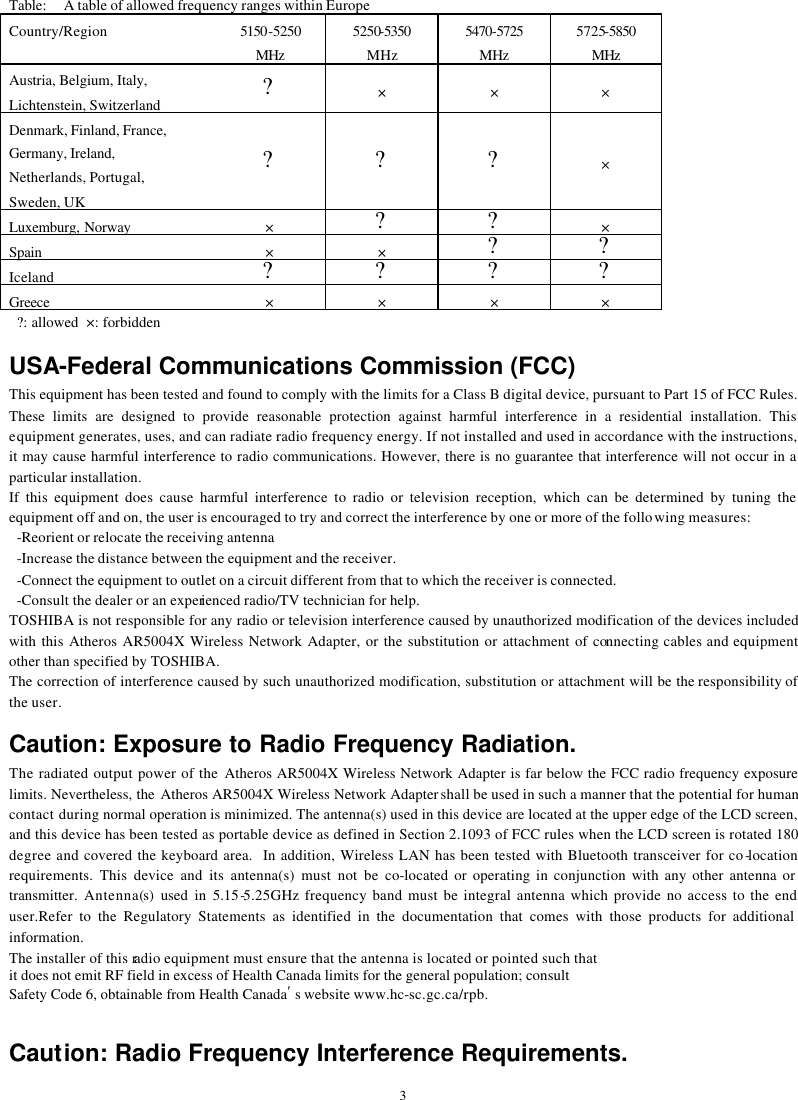   3Table: A table of allowed frequency ranges within Europe Country/Region 5150-5250 MHz 5250-5350 MHz 5470-5725 MHz   5725-5850 MHz Austria, Belgium, Italy,  Lichtenstein, Switzerland ? × × × Denmark, Finland, France,  Germany, Ireland,  Netherlands, Portugal,  Sweden, UK ? ? ? × Luxemburg, Norway × ? ? × Spain × × ? ? Iceland ? ? ? ? Greece × × × × ?: allowed  ×: forbidden  USA-Federal Communications Commission (FCC)  This equipment has been tested and found to comply with the limits for a Class B digital device, pursuant to Part 15 of FCC Rules. These limits are designed to provide reasonable protection against harmful interference in a residential installation. This equipment generates, uses, and can radiate radio frequency energy. If not installed and used in accordance with the instructions, it may cause harmful interference to radio communications. However, there is no guarantee that interference will not occur in a particular installation. If this equipment does cause harmful interference to radio or television reception, which can be determined by tuning the equipment off and on, the user is encouraged to try and correct the interference by one or more of the following measures:   -Reorient or relocate the receiving antenna -Increase the distance between the equipment and the receiver.  -Connect the equipment to outlet on a circuit different from that to which the receiver is connected. -Consult the dealer or an experienced radio/TV technician for help. TOSHIBA is not responsible for any radio or television interference caused by unauthorized modification of the devices included with this Atheros AR5004X Wireless Network Adapter, or the substitution or attachment of connecting cables and equipment other than specified by TOSHIBA. The correction of interference caused by such unauthorized modification, substitution or attachment will be the responsibility of the user.  Caution: Exposure to Radio Frequency Radiation. The radiated output power of the Atheros AR5004X Wireless Network Adapter is far below the FCC radio frequency exposure limits. Nevertheless, the Atheros AR5004X Wireless Network Adapter shall be used in such a manner that the potential for human contact during normal operation is minimized. The antenna(s) used in this device are located at the upper edge of the LCD screen, and this device has been tested as portable device as defined in Section 2.1093 of FCC rules when the LCD screen is rotated 180 degree and covered the keyboard area.  In addition, Wireless LAN has been tested with Bluetooth transceiver for co-location requirements. This device and its antenna(s) must not be co-located or operating in conjunction with any other antenna or transmitter.  Antenna(s) used in 5.15-5.25GHz frequency band must be integral antenna which provide no access to the end user.Refer to the Regulatory Statements as identified in the documentation that comes with those products for additional information. The installer of this radio equipment must ensure that the antenna is located or pointed such that  it does not emit RF field in excess of Health Canada limits for the general population; consult  Safety Code 6, obtainable from Health Canada’s website www.hc-sc.gc.ca/rpb.   Caution: Radio Frequency Interference Requirements. 