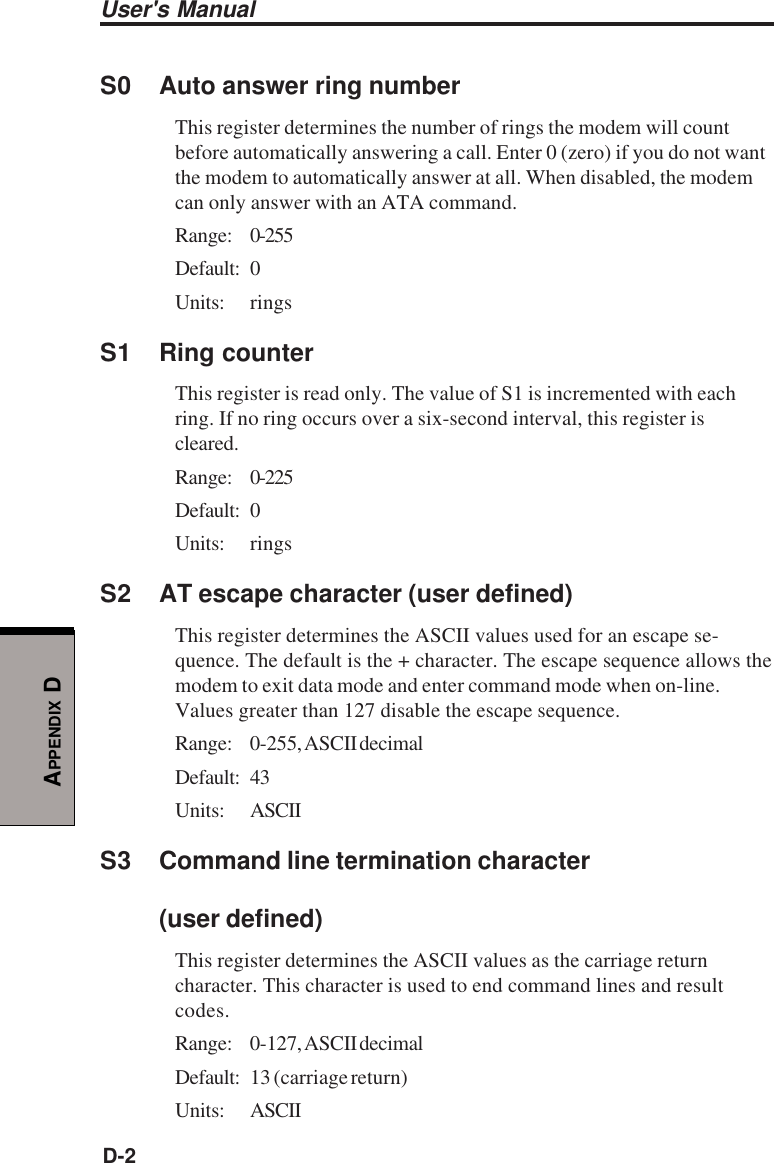 User&apos;s ManualD-2APPENDIX DS0 Auto answer ring numberThis register determines the number of rings the modem will countbefore automatically answering a call. Enter 0 (zero) if you do not wantthe modem to automatically answer at all. When disabled, the modemcan only answer with an ATA command.Range: 0-255Default: 0Units: ringsS1 Ring counterThis register is read only. The value of S1 is incremented with eachring. If no ring occurs over a six-second interval, this register iscleared.Range: 0-225Default: 0Units: ringsS2 AT escape character (user defined)This register determines the ASCII values used for an escape se-quence. The default is the + character. The escape sequence allows themodem to exit data mode and enter command mode when on-line.Values greater than 127 disable the escape sequence.Range: 0-255, ASCII decimalDefault: 43Units: ASCIIS3 Command line termination character(user defined)This register determines the ASCII values as the carriage returncharacter. This character is used to end command lines and resultcodes.Range: 0-127, ASCII decimalDefault: 13 (carriage return)Units: ASCII