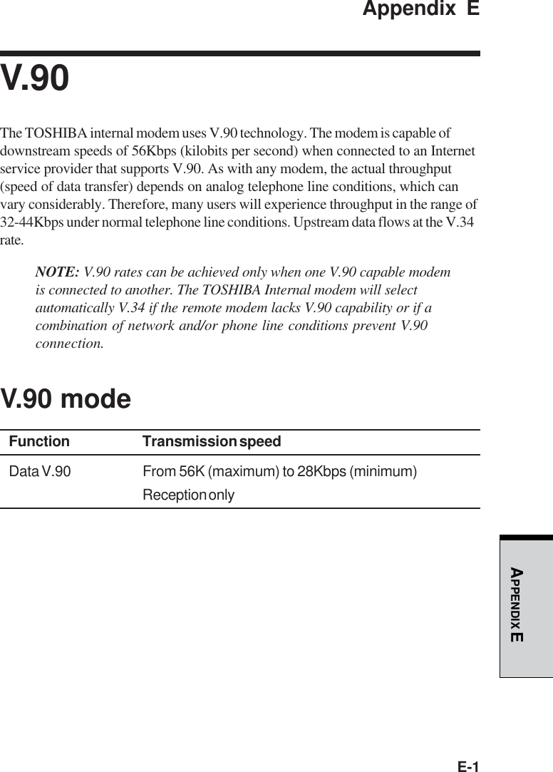 E-1APPENDIX EAppendix EV.90The TOSHIBA internal modem uses V.90 technology. The modem is capable ofdownstream speeds of 56Kbps (kilobits per second) when connected to an Internetservice provider that supports V.90. As with any modem, the actual throughput(speed of data transfer) depends on analog telephone line conditions, which canvary considerably. Therefore, many users will experience throughput in the range of32-44Kbps under normal telephone line conditions. Upstream data flows at the V.34rate.NOTE: V.90 rates can be achieved only when one V.90 capable modemis connected to another. The TOSHIBA Internal modem will selectautomatically V.34 if the remote modem lacks V.90 capability or if acombination of network and/or phone line conditions prevent V.90connection.V.90 modeFunction Transmission speedData V.90 From 56K (maximum) to 28Kbps (minimum)Reception only