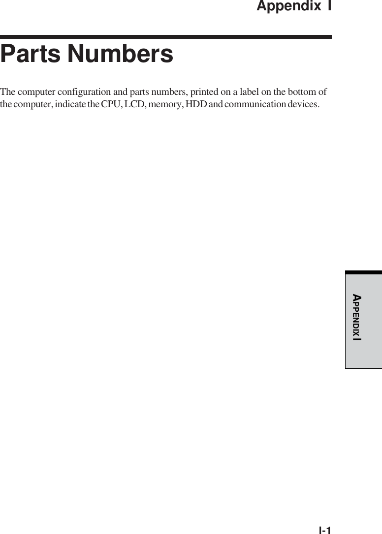 APPENDIX II-1Appendix IParts NumbersThe computer configuration and parts numbers, printed on a label on the bottom ofthe computer, indicate the CPU, LCD, memory, HDD and communication devices.