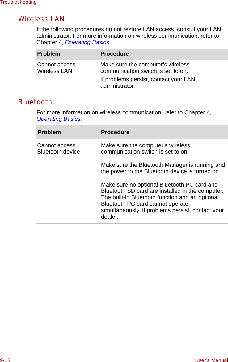 9-18 User’s ManualTroubleshootingWireless LANIf the following procedures do not restore LAN access, consult your LAN administrator. For more information on wireless communication, refer to Chapter 4, Operating Basics.BluetoothFor more information on wireless communication, refer to Chapter 4, Operating Basics.Problem ProcedureCannot access Wireless LAN Make sure the computer’s wireless communication switch is set to on.If problems persist, contact your LAN administrator.Problem ProcedureCannot access Bluetooth device Make sure the computer’s wireless communication switch is set to on.Make sure the Bluetooth Manager is running and the power to the Bluetooth device is turned on.Make sure no optional Bluetooth PC card and Bluetooth SD card are installed in the computer. The built-in Bluetooth function and an optional Bluetooth PC card cannot operate simultaneously. If problems persist, contact your dealer.