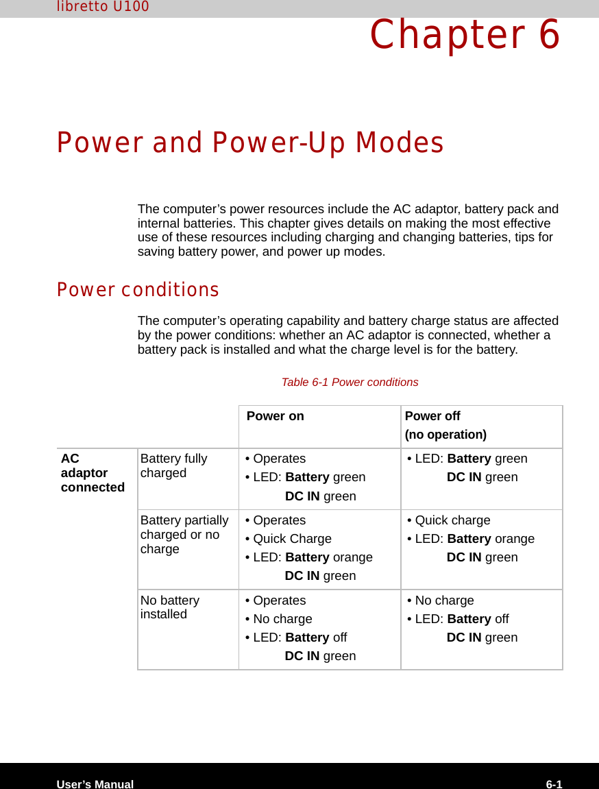 User’s Manual 6-1libretto U100Chapter 6Power and Power-Up ModesThe computer’s power resources include the AC adaptor, battery pack and internal batteries. This chapter gives details on making the most effective use of these resources including charging and changing batteries, tips for saving battery power, and power up modes.Power conditionsThe computer’s operating capability and battery charge status are affected by the power conditions: whether an AC adaptor is connected, whether a battery pack is installed and what the charge level is for the battery.Table 6-1 Power conditions Power onPower off (no operation)AC adaptor connectedBattery fully charged  • Operates • LED: Battery greenDC IN green • LED: Battery greenDC IN greenBattery partially charged or no charge • Operates • Quick Charge • LED: Battery orangeDC IN green • Quick charge • LED: Battery orangeDC IN greenNo battery installed   • Operates  • No charge • LED: Battery offDC IN green • No charge • LED: Battery offDC IN green