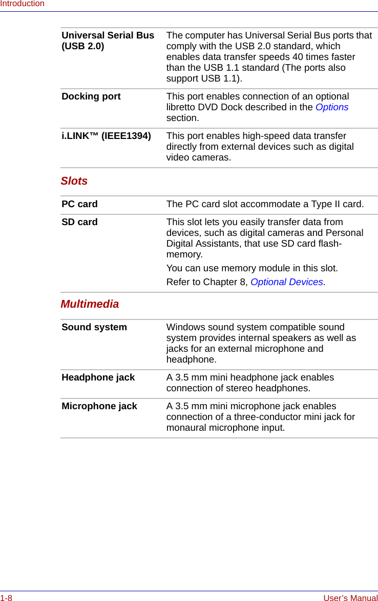 1-8 User’s ManualIntroductionSlotsMultimediaUniversal Serial Bus (USB 2.0) The computer has Universal Serial Bus ports that comply with the USB 2.0 standard, which enables data transfer speeds 40 times faster than the USB 1.1 standard (The ports also support USB 1.1). Docking port This port enables connection of an optional libretto DVD Dock described in the Options section.i.LINK™ (IEEE1394) This port enables high-speed data transfer directly from external devices such as digital video cameras.PC card The PC card slot accommodate a Type II card.SD card This slot lets you easily transfer data from devices, such as digital cameras and Personal Digital Assistants, that use SD card flash-memory.You can use memory module in this slot.Refer to Chapter 8, Optional Devices.Sound system Windows sound system compatible sound system provides internal speakers as well as jacks for an external microphone and headphone.Headphone jack A 3.5 mm mini headphone jack enables connection of stereo headphones.Microphone jack A 3.5 mm mini microphone jack enables connection of a three-conductor mini jack for monaural microphone input.