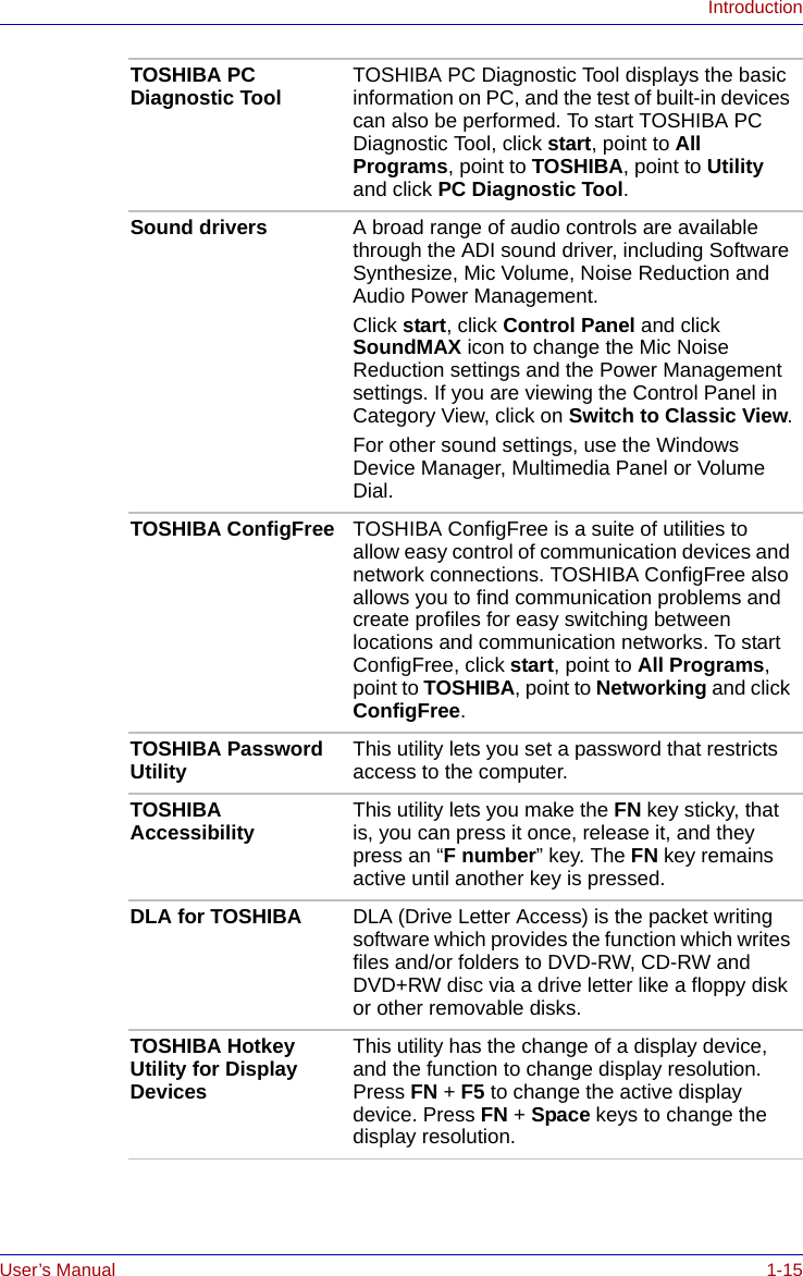 User’s Manual 1-15IntroductionTOSHIBA PC Diagnostic Tool TOSHIBA PC Diagnostic Tool displays the basic information on PC, and the test of built-in devices can also be performed. To start TOSHIBA PC Diagnostic Tool, click start, point to All Programs, point to TOSHIBA, point to Utility and click PC Diagnostic Tool.Sound drivers A broad range of audio controls are available through the ADI sound driver, including Software Synthesize, Mic Volume, Noise Reduction and Audio Power Management.Click start, click Control Panel and click SoundMAX icon to change the Mic Noise Reduction settings and the Power Management settings. If you are viewing the Control Panel in Category View, click on Switch to Classic View.For other sound settings, use the Windows Device Manager, Multimedia Panel or Volume Dial.TOSHIBA ConfigFree TOSHIBA ConfigFree is a suite of utilities to allow easy control of communication devices and network connections. TOSHIBA ConfigFree also allows you to find communication problems and create profiles for easy switching between locations and communication networks. To start ConfigFree, click start, point to All Programs, point to TOSHIBA, point to Networking and click ConfigFree.TOSHIBA Password Utility This utility lets you set a password that restricts access to the computer.TOSHIBA Accessibility This utility lets you make the FN key sticky, that is, you can press it once, release it, and they press an “F number” key. The FN key remains active until another key is pressed.DLA for TOSHIBA DLA (Drive Letter Access) is the packet writing software which provides the function which writes files and/or folders to DVD-RW, CD-RW and DVD+RW disc via a drive letter like a floppy disk or other removable disks.TOSHIBA Hotkey Utility for Display DevicesThis utility has the change of a display device, and the function to change display resolution. Press FN + F5 to change the active display device. Press FN + Space keys to change the display resolution.