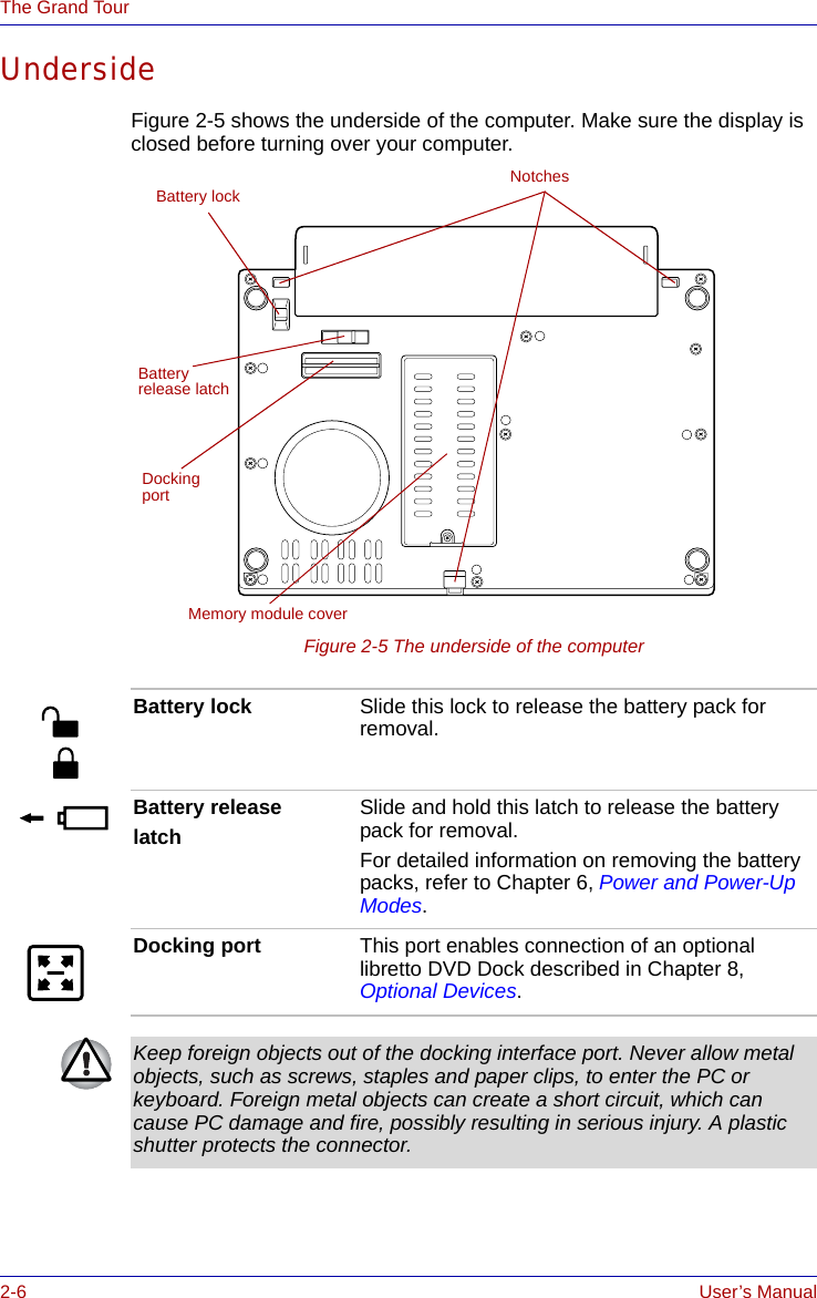 2-6 User’s ManualThe Grand TourUndersideFigure 2-5 shows the underside of the computer. Make sure the display is closed before turning over your computer.Figure 2-5 The underside of the computerBattery lockDocking portNotchesBattery release latchMemory module coverBattery lock  Slide this lock to release the battery pack for removal.Battery releaselatchSlide and hold this latch to release the battery pack for removal.For detailed information on removing the battery packs, refer to Chapter 6, Power and Power-Up Modes.Docking port This port enables connection of an optional libretto DVD Dock described in Chapter 8, Optional Devices.Keep foreign objects out of the docking interface port. Never allow metal objects, such as screws, staples and paper clips, to enter the PC or keyboard. Foreign metal objects can create a short circuit, which can cause PC damage and fire, possibly resulting in serious injury. A plastic shutter protects the connector.