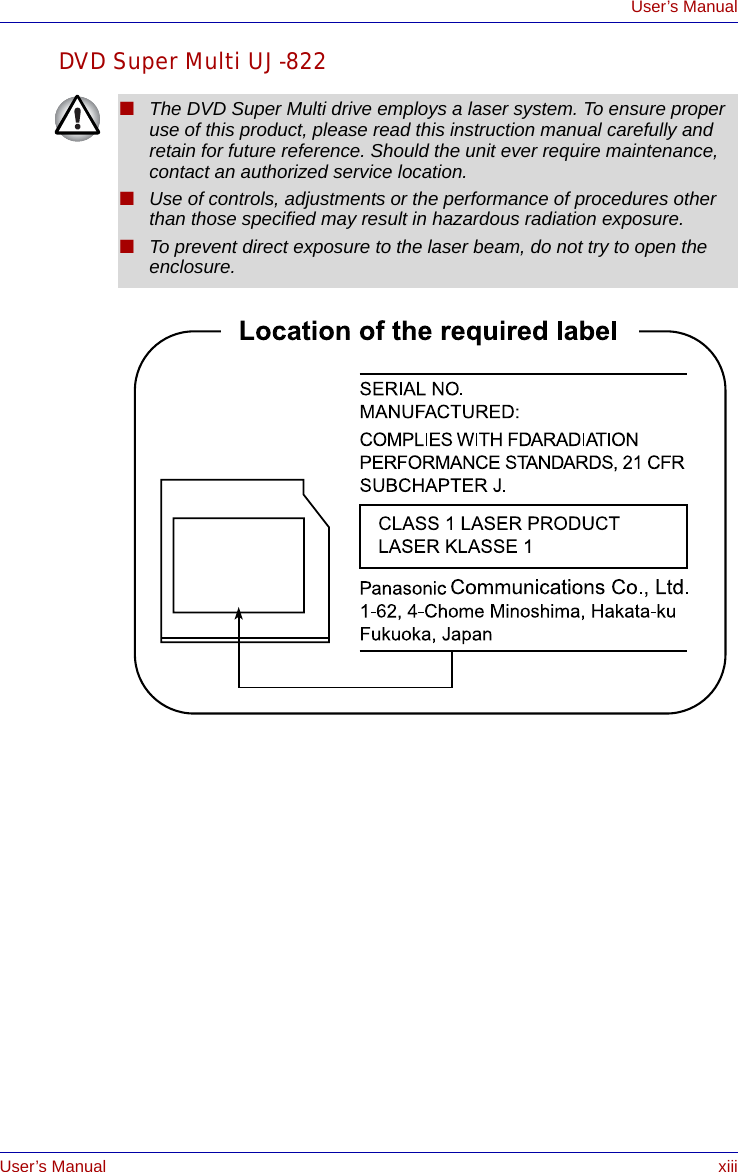 User’s Manual xiiiUser’s ManualDVD Super Multi UJ-822■The DVD Super Multi drive employs a laser system. To ensure proper use of this product, please read this instruction manual carefully and retain for future reference. Should the unit ever require maintenance, contact an authorized service location.■Use of controls, adjustments or the performance of procedures other than those specified may result in hazardous radiation exposure. ■To prevent direct exposure to the laser beam, do not try to open the enclosure. 