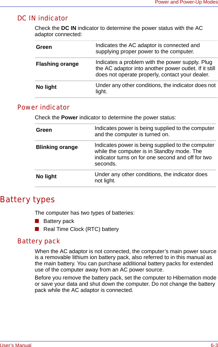 User’s Manual 6-3Power and Power-Up ModesDC IN indicatorCheck the DC IN indicator to determine the power status with the AC adaptor connected:Power indicatorCheck the Power indicator to determine the power status:Battery typesThe computer has two types of batteries:■Battery pack■Real Time Clock (RTC) batteryBattery packWhen the AC adaptor is not connected, the computer’s main power source is a removable lithium ion battery pack, also referred to in this manual as the main battery. You can purchase additional battery packs for extended use of the computer away from an AC power source.Before you remove the battery pack, set the computer to Hibernation mode or save your data and shut down the computer. Do not change the battery pack while the AC adaptor is connected.Green Indicates the AC adaptor is connected and supplying proper power to the computer.Flashing orange Indicates a problem with the power supply. Plug the AC adaptor into another power outlet. If it still does not operate properly, contact your dealer.No light Under any other conditions, the indicator does not light.Green Indicates power is being supplied to the computer and the computer is turned on.Blinking orange Indicates power is being supplied to the computer while the computer is in Standby mode. The indicator turns on for one second and off for two seconds.No light Under any other conditions, the indicator does not light.