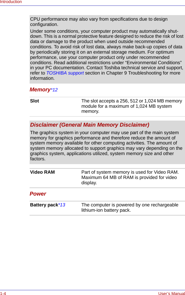 1-4 User’s ManualIntroductionMemory*12Power CPU performance may also vary from specifications due to design configuration.Under some conditions, your computer product may automatically shut-down. This is a normal protective feature designed to reduce the risk of lost data or damage to the product when used outside recommended conditions. To avoid risk of lost data, always make back-up copies of data by periodically storing it on an external storage medium. For optimum performance, use your computer product only under recommended conditions. Read additional restrictions under “Environmental Conditions” in your PC documentation. Contact Toshiba technical service and support, refer to TOSHIBA support section in Chapter 9 Troubleshooting for more information.Slot The slot accepts a 256, 512 or 1,024 MB memory module for a maximum of 1,024 MB system memory.Disclaimer (General Main Memory Disclaimer)The graphics system in your computer may use part of the main system memory for graphics performance and therefore reduce the amount of system memory available for other computing activities. The amount of system memory allocated to support graphics may vary depending on the graphics system, applications utilized, system memory size and other factors.Video RAM Part of system memory is used for Video RAM. Maximum 64 MB of RAM is provided for video display.Battery pack*13 The computer is powered by one rechargeable lithium-ion battery pack.