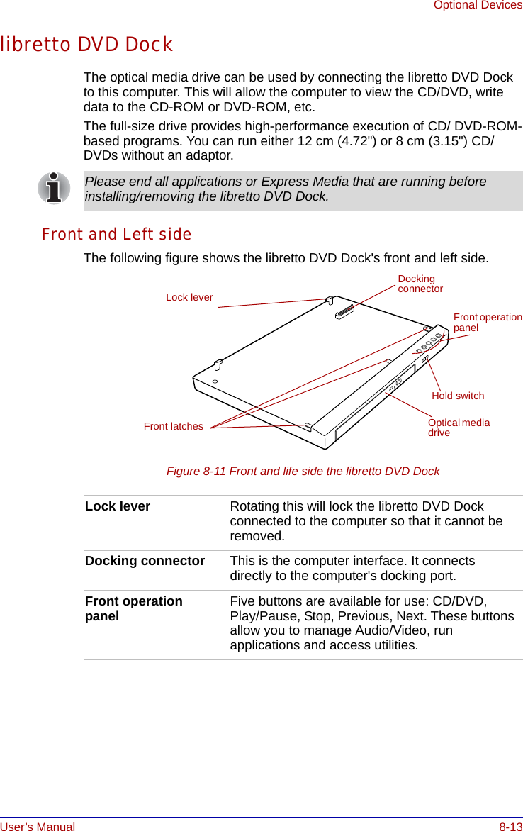 User’s Manual 8-13Optional Deviceslibretto DVD DockThe optical media drive can be used by connecting the libretto DVD Dock to this computer. This will allow the computer to view the CD/DVD, write data to the CD-ROM or DVD-ROM, etc.The full-size drive provides high-performance execution of CD/ DVD-ROM-based programs. You can run either 12 cm (4.72&quot;) or 8 cm (3.15&quot;) CD/DVDs without an adaptor.Front and Left sideThe following figure shows the libretto DVD Dock&apos;s front and left side.Figure 8-11 Front and life side the libretto DVD DockPlease end all applications or Express Media that are running before installing/removing the libretto DVD Dock.Front latchesLock leverFront operation panelOptical media driveDocking connectorHold switchLock lever Rotating this will lock the libretto DVD Dock connected to the computer so that it cannot be removed.Docking connector This is the computer interface. It connects directly to the computer&apos;s docking port.Front operation panel Five buttons are available for use: CD/DVD, Play/Pause, Stop, Previous, Next. These buttons allow you to manage Audio/Video, run applications and access utilities.