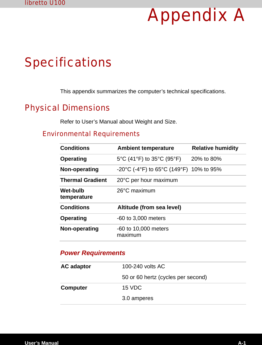 User’s Manual A-1libretto U100Appendix ASpecificationsThis appendix summarizes the computer’s technical specifications.Physical DimensionsRefer to User’s Manual about Weight and Size.Environmental RequirementsPower RequirementsConditions Ambient temperature Relative humidityOperating 5°C (41°F) to 35°C (95°F) 20% to 80%Non-operating -20°C (-4°F) to 65°C (149°F) 10% to 95%Thermal Gradient 20°C per hour maximumWet-bulb temperature 26°C maximum Conditions Altitude (from sea level)Operating -60 to 3,000 metersNon-operating -60 to 10,000 meters maximumAC adaptor 100-240 volts AC50 or 60 hertz (cycles per second)Computer 15 VDC3.0 amperes