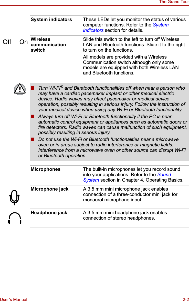 User’s Manual 2-2The Grand TourSystem indicators These LEDs let you monitor the status of various computer functions. Refer to the System indicators section for details.Wireless communication switchSlide this switch to the left to turn off Wireless LAN and Bluetooth functions. Slide it to the right to turn on the functions.All models are provided with a Wireless Communication switch although only some models are equipped with both Wireless LAN and Bluetooth functions.■Turn Wi-Fi® and Bluetooth functionalities off when near a person who may have a cardiac pacemaker implant or other medical electric device. Radio waves may affect pacemaker or medical device operation, possibly resulting in serious injury. Follow the instruction of your medical device when using any Wi-Fi or Bluetooth functionality.■Always turn off Wi-Fi or Bluetooth functionality if the PC is near automatic control equipment or appliances such as automatic doors or fire detectors. Radio waves can cause malfunction of such equipment, possibly resulting in serious injury.■Do not use the Wi-Fi or Bluetooth functionalities near a microwave oven or in areas subject to radio interference or magnetic fields. Interference from a microwave oven or other source can disrupt Wi-Fi or Bluetooth operation.Microphones The built-in microphones let you record sound into your applications. Refer to the Sound System section in Chapter 4, Operating Basics.Microphone jack A 3.5 mm mini microphone jack enables connection of a three-conductor mini jack for monaural microphone input.Headphone jack A 3.5 mm mini headphone jack enables connection of stereo headphones.