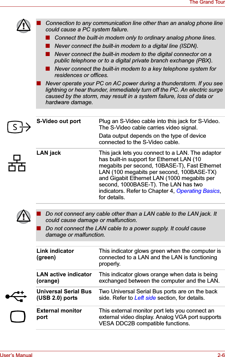 User’s Manual 2-6The Grand Tour■Connection to any communication line other than an analog phone line could cause a PC system failure.■Connect the built-in modem only to ordinary analog phone lines.■Never connect the built-in modem to a digital line (ISDN).■Never connect the built-in modem to the digital connector on a public telephone or to a digital private branch exchange (PBX).■Never connect the built-in modem to a key telephone system for residences or offices. ■Never operate your PC on AC power during a thunderstorm. If you see lightning or hear thunder, immediately turn off the PC. An electric surge caused by the storm, may result in a system failure, loss of data or hardware damage.S-Video out port Plug an S-Video cable into this jack for S-Video. The S-Video cable carries video signal.Data output depends on the type of device connected to the S-Video cable.LAN jack This jack lets you connect to a LAN. The adaptor has built-in support for Ethernet LAN (10 megabits per second, 10BASE-T), Fast Ethernet LAN (100 megabits per second, 100BASE-TX) and Gigabit Ethernet LAN (1000 megabits per second, 1000BASE-T). The LAN has two indicators. Refer to Chapter 4, Operating Basics,for details.■Do not connect any cable other than a LAN cable to the LAN jack. It could cause damage or malfunction.■Do not connect the LAN cable to a power supply. It could cause damage or malfunction.Link indicator (green)This indicator glows green when the computer is connected to a LAN and the LAN is functioning properly.LAN active indicator (orange)This indicator glows orange when data is being exchanged between the computer and the LAN.Universal Serial Bus (USB 2.0) portsTwo Universal Serial Bus ports are on the back side. Refer to Left side section, for details.External monitor portThis external monitor port lets you connect an external video display. Analog VGA port supports VESA DDC2B compatible functions.