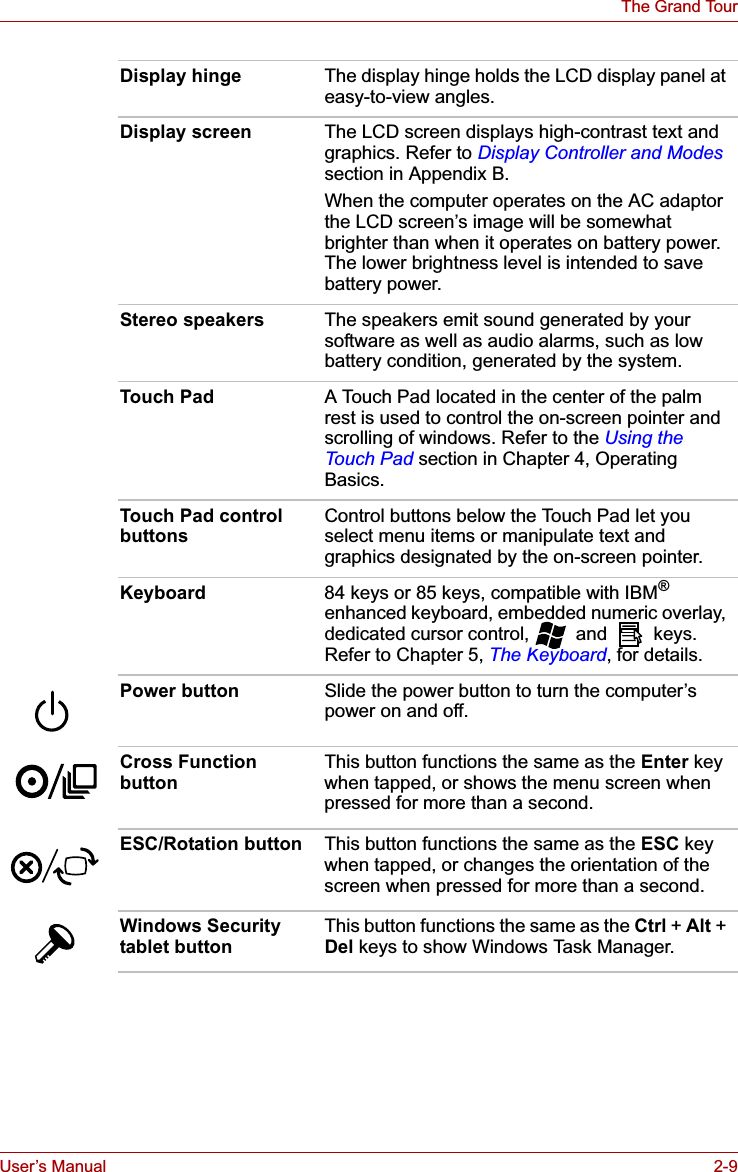 User’s Manual 2-9The Grand TourDisplay hinge The display hinge holds the LCD display panel at easy-to-view angles.Display screen The LCD screen displays high-contrast text and graphics. Refer to Display Controller and Modessection in Appendix B.When the computer operates on the AC adaptor the LCD screen’s image will be somewhat brighter than when it operates on battery power. The lower brightness level is intended to save battery power.Stereo speakers The speakers emit sound generated by your software as well as audio alarms, such as low battery condition, generated by the system.Touch Pad A Touch Pad located in the center of the palm rest is used to control the on-screen pointer and scrolling of windows. Refer to the Using the Touch Pad section in Chapter 4, Operating Basics.Touch Pad control buttonsControl buttons below the Touch Pad let you select menu items or manipulate text and graphics designated by the on-screen pointer.Keyboard 84 keys or 85 keys, compatible with IBM®enhanced keyboard, embedded numeric overlay, dedicated cursor control,   and   keys. Refer to Chapter 5, The Keyboard, for details.Power button Slide the power button to turn the computer’s power on and off.Cross Function buttonThis button functions the same as the Enter key when tapped, or shows the menu screen when pressed for more than a second.ESC/Rotation button This button functions the same as the ESC key when tapped, or changes the orientation of the screen when pressed for more than a second.Windows Security tablet buttonThis button functions the same as the Ctrl + Alt + Del keys to show Windows Task Manager.