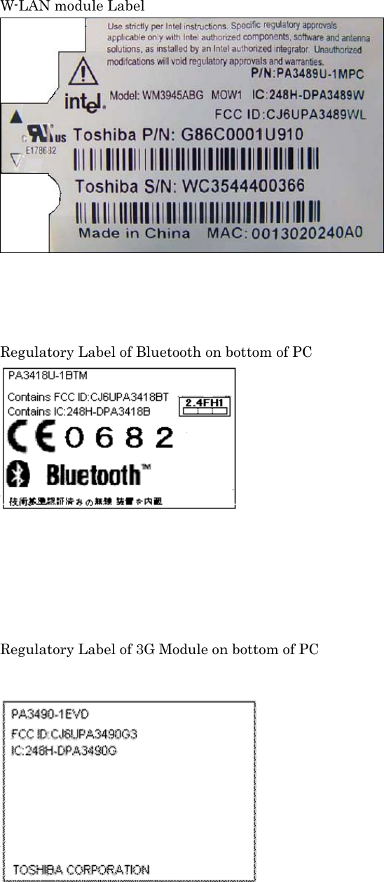 W-LAN module Label              Regulatory Label of Bluetooth on bottom of PC       Regulatory Label of 3G Module on bottom of PC   