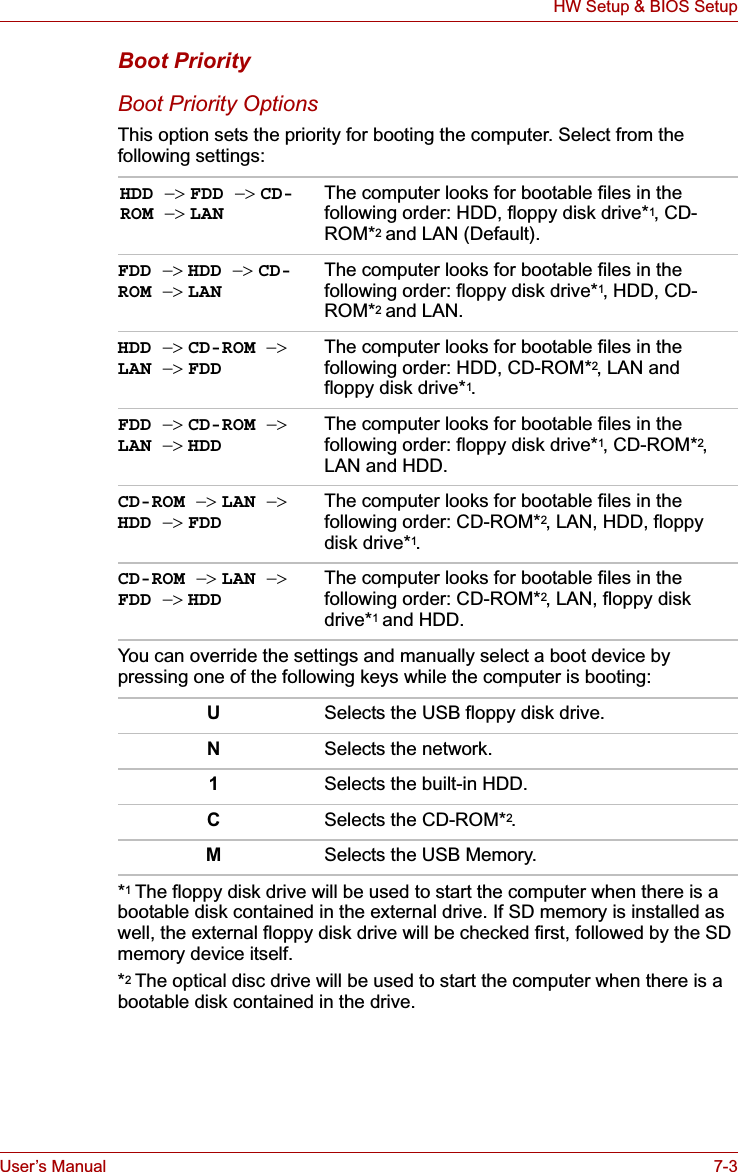 User’s Manual 7-3HW Setup &amp; BIOS SetupBoot PriorityBoot Priority OptionsThis option sets the priority for booting the computer. Select from the following settings:You can override the settings and manually select a boot device by pressing one of the following keys while the computer is booting: *1 The floppy disk drive will be used to start the computer when there is a bootable disk contained in the external drive. If SD memory is installed as well, the external floppy disk drive will be checked first, followed by the SD memory device itself.*2The optical disc drive will be used to start the computer when there is a bootable disk contained in the drive.HDD !FDD !CD-ROM !LANThe computer looks for bootable files in the following order: HDD, floppy disk drive*1, CD-ROM*2 and LAN (Default).FDD !HDD !CD-ROM !LANThe computer looks for bootable files in the following order: floppy disk drive*1, HDD, CD-ROM*2 and LAN.HDD !CD-ROM !LAN !FDDThe computer looks for bootable files in the following order: HDD, CD-ROM*2, LAN and floppy disk drive*1.FDD !CD-ROM !LAN !HDDThe computer looks for bootable files in the following order: floppy disk drive*1, CD-ROM*2,LAN and HDD.CD-ROM !LAN !HDD !FDDThe computer looks for bootable files in the following order: CD-ROM*2, LAN, HDD, floppy disk drive*1.CD-ROM !LAN !FDD !HDDThe computer looks for bootable files in the following order: CD-ROM*2, LAN, floppy disk drive*1 and HDD.USelects the USB floppy disk drive.NSelects the network.1Selects the built-in HDD.CSelects the CD-ROM*2.MSelects the USB Memory.