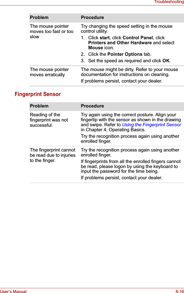 User’s Manual 8-16TroubleshootingFingerprint SensorThe mouse pointer moves too fast or too slowTry changing the speed setting in the mouse control utility.1. Click start, click Control Panel, click Printers and Other Hardware and select Mouse icon. 2. Click the Pointer Options tab.3. Set the speed as required and click OK.The mouse pointer moves erratically The mouse might be dirty. Refer to your mouse documentation for instructions on cleaning.If problems persist, contact your dealer.Problem ProcedureProblem ProcedureReading of the fingerprint was not successful.Try again using the correct posture. Align your fingertip with the sensor as shown in the drawing and swipe. Refer to Using the Fingerprint Sensorin Chapter 4, Operating Basics.Try the recognition process again using another enrolled finger.The fingerprint cannot be read due to injuries to the finger.Try the recognition process again using another enrolled finger.If fingerprints from all the enrolled fingers cannot be read, please logon by using the keyboard to input the password for the time being.If problems persist, contact your dealer.