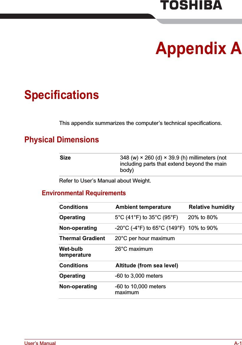 User’s Manual A-1Appendix ASpecificationsThis appendix summarizes the computer’s technical specifications.Physical DimensionsRefer to User’s Manual about Weight.Environmental RequirementsSize 348 (w) × 260 (d) × 39.9 (h) millimeters (not including parts that extend beyond the main body)Conditions Ambient temperature Relative humidityOperating 5°C (41°F) to 35°C (95°F) 20% to 80%Non-operating -20°C (-4°F) to 65°C (149°F) 10% to 90%Thermal Gradient 20°C per hour maximumWet-bulb temperature26°C maximum Conditions Altitude (from sea level)Operating -60 to 3,000 metersNon-operating -60 to 10,000 meters maximum