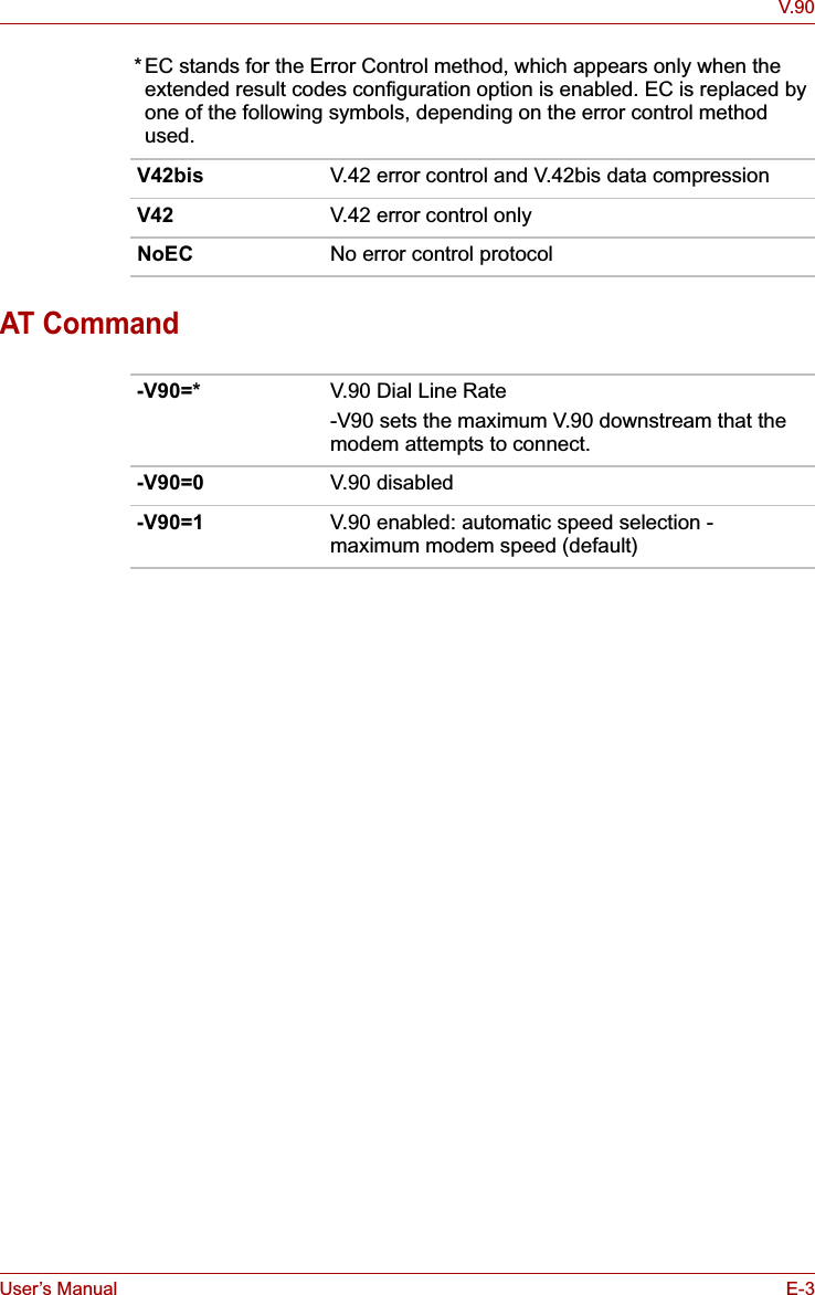 User’s Manual E-3V.90 * EC stands for the Error Control method, which appears only when the extended result codes configuration option is enabled. EC is replaced by one of the following symbols, depending on the error control method used.AT CommandV42bis V.42 error control and V.42bis data compressionV42 V.42 error control onlyNoEC No error control protocol-V90=* V.90 Dial Line Rate-V90 sets the maximum V.90 downstream that the modem attempts to connect.-V90=0 V.90 disabled-V90=1 V.90 enabled: automatic speed selection - maximum modem speed (default)